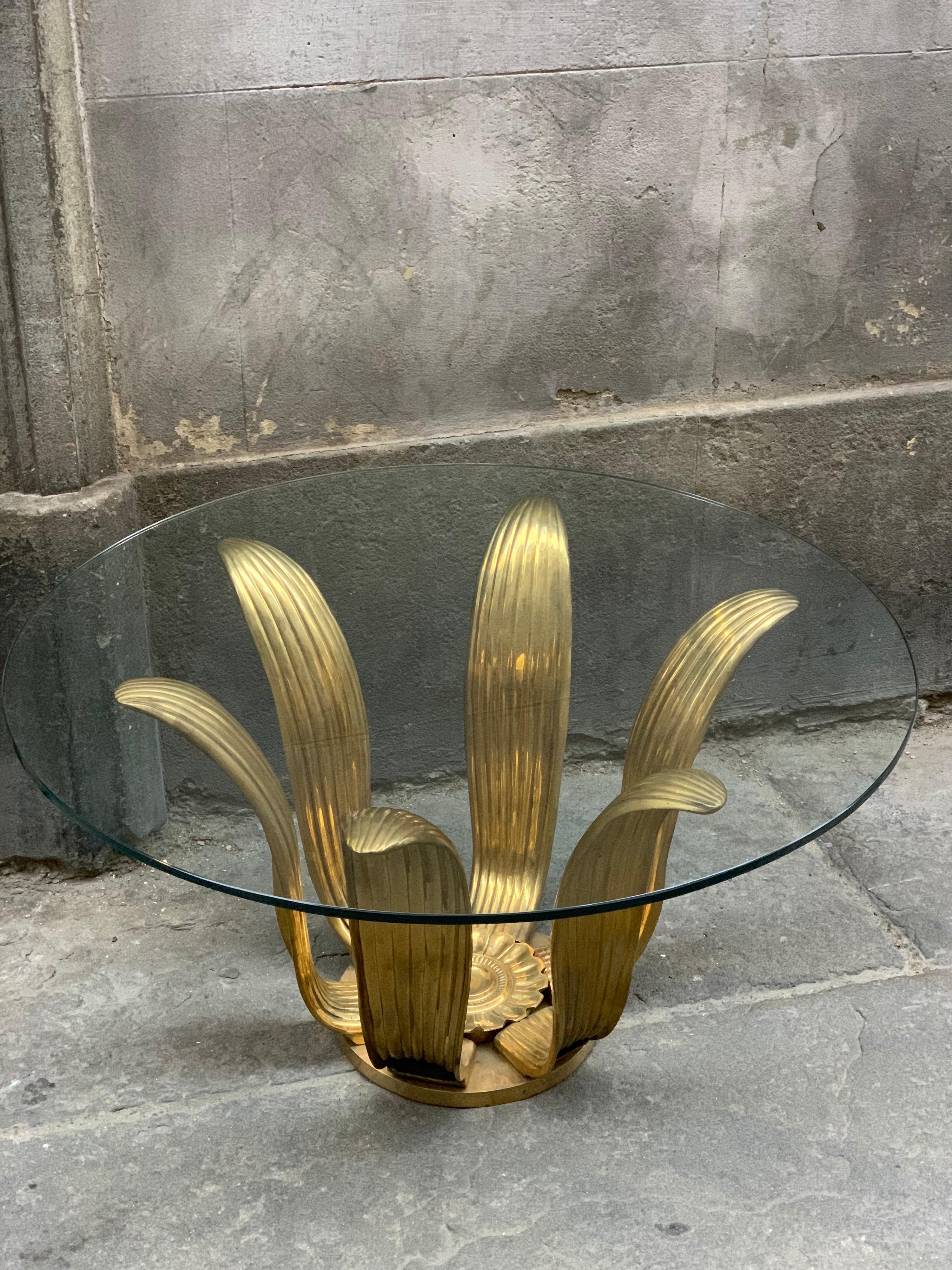 Mid-Century Modern Mid-Century Gilt Bronze Flower Coffee Table with Round Glass Top