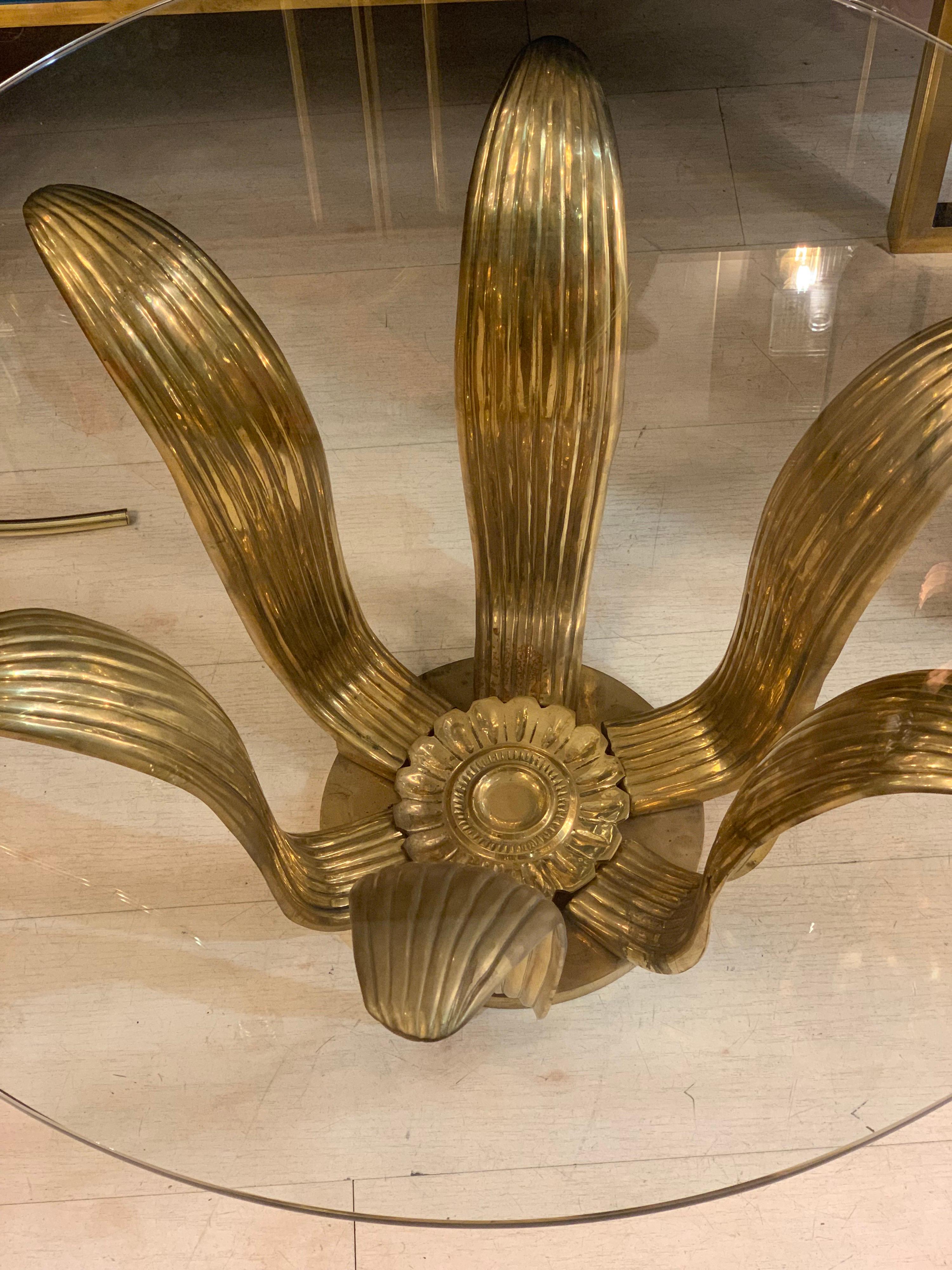 Mid-Century Gilt Bronze Flower Coffee Table with Round Glass Top 3