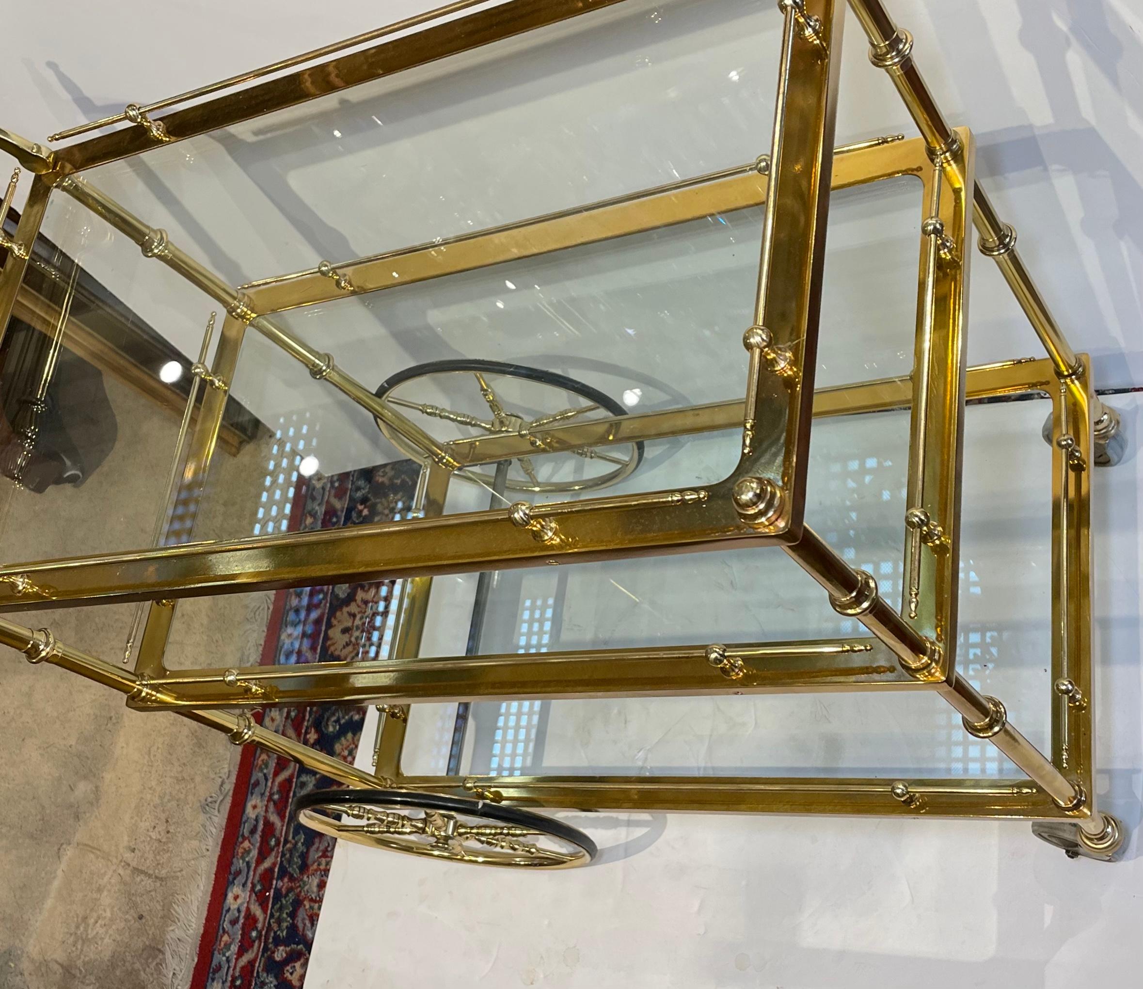 20th Century Mid Century Gilt Bronze Glass Bar Cart