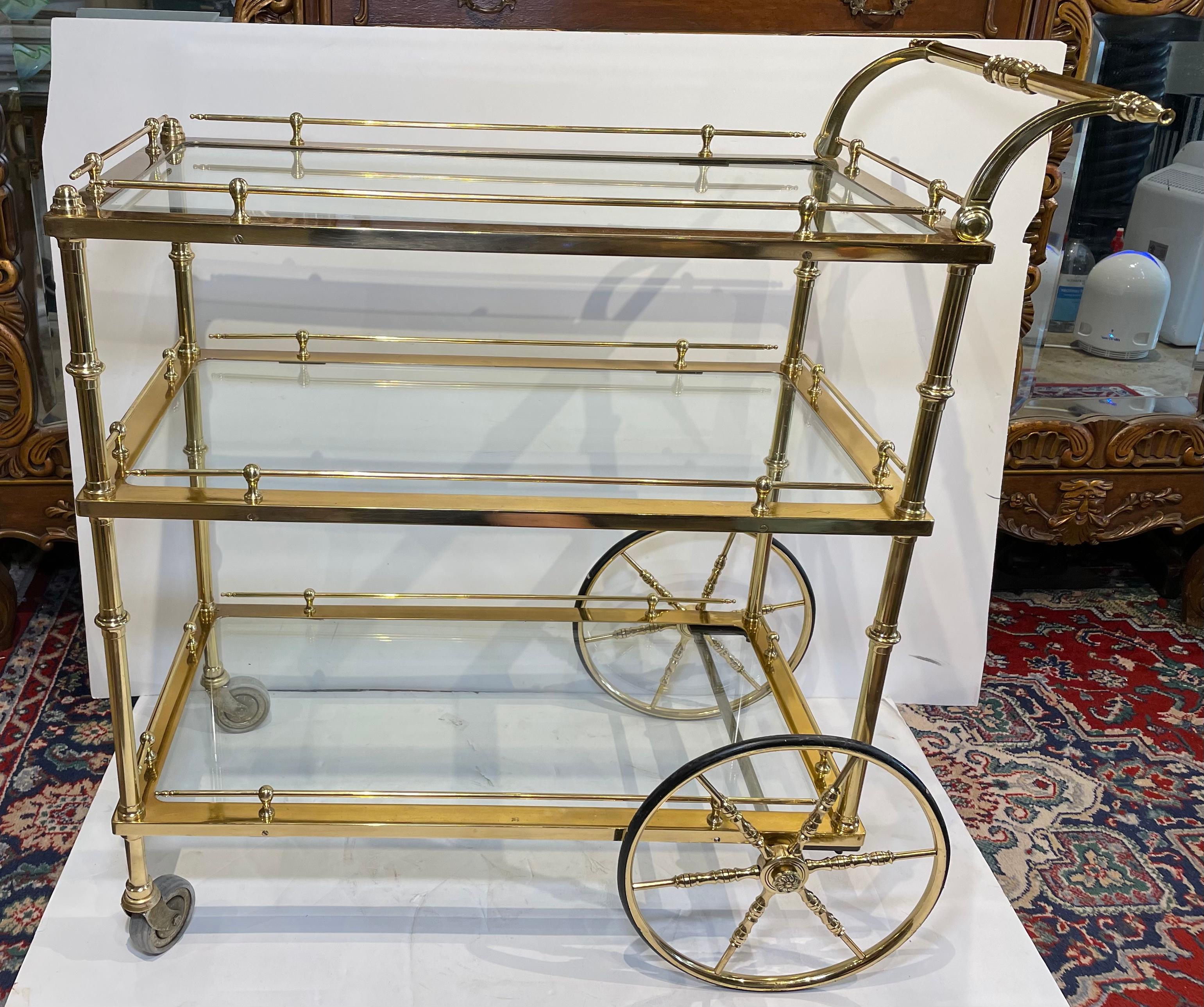 Mid Century Gilt Bronze Glass Bar Cart 2