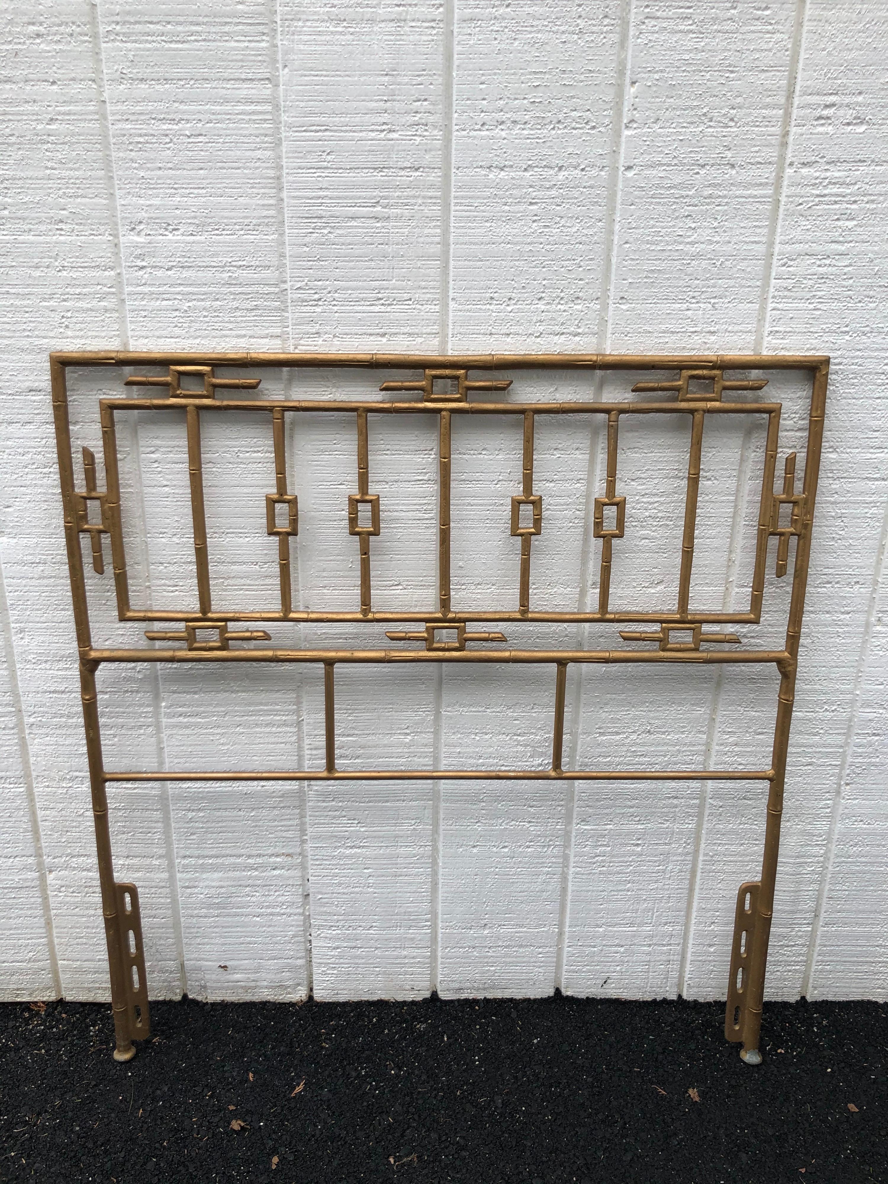 Mid century gilt chinoiserie iron twin headboard. Nice geometric design which could go either Hollywood Regency glam or even southwestern.