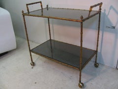 Mid Century Gilt Faux Bamboo with Rattan Shelves Bar Cart