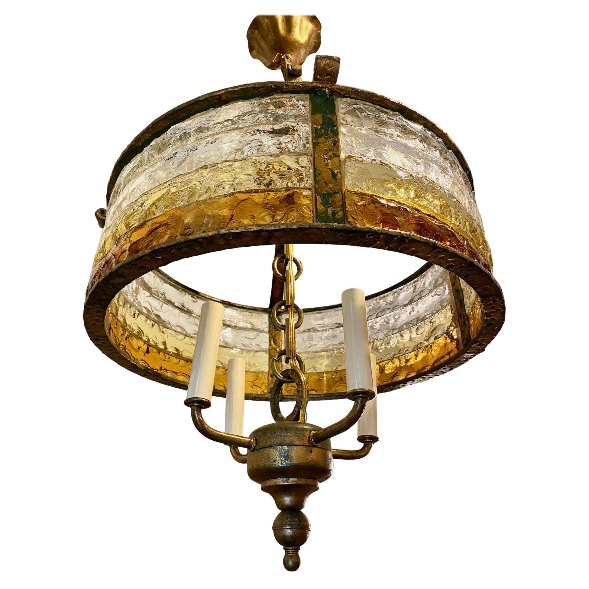 Mid Century Gilt Iron and Art Glass Light Fixture For Sale