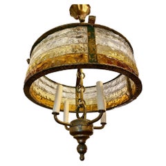 Mid Century Gilt Iron and Art Glass Light Fixture