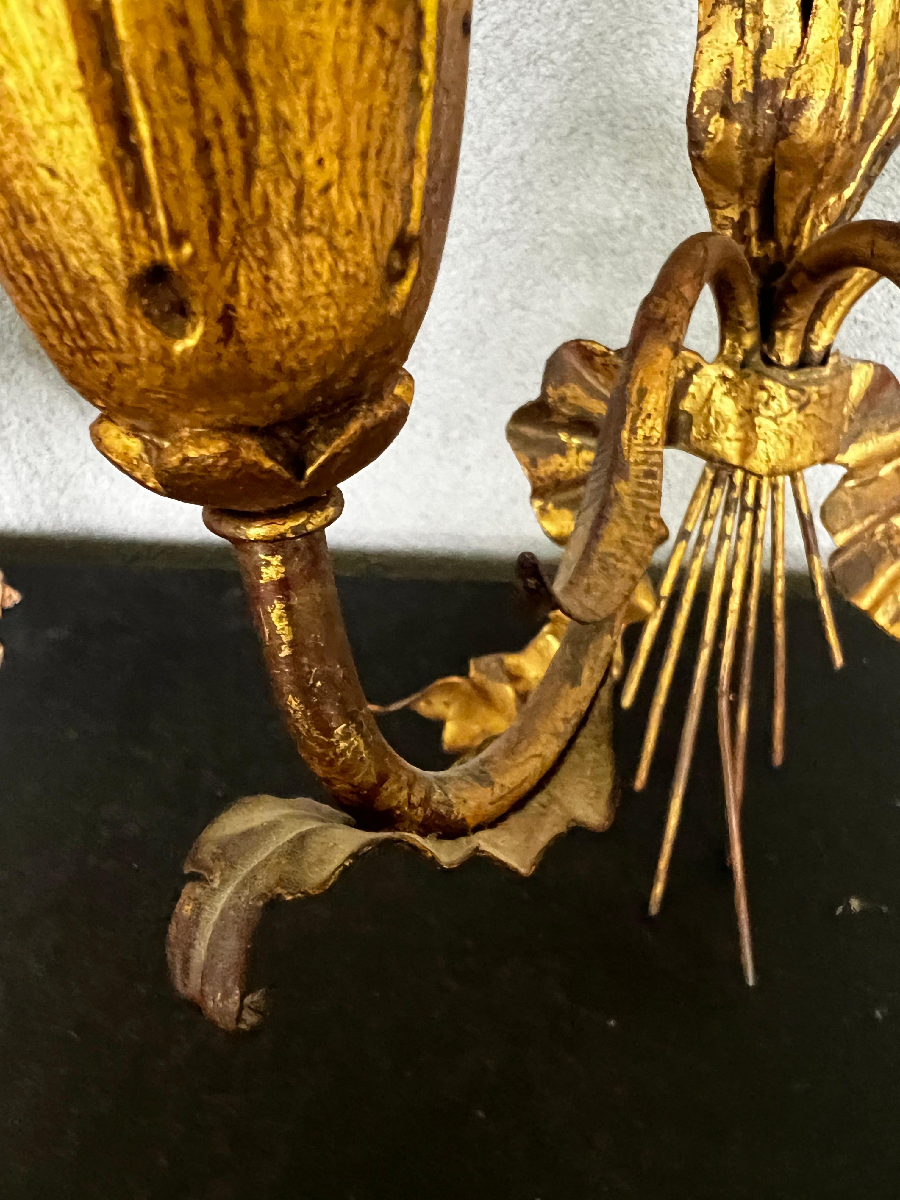 Mid-Century Gilt Iron French Tole 3 Light Candle Sconces For Sale 5