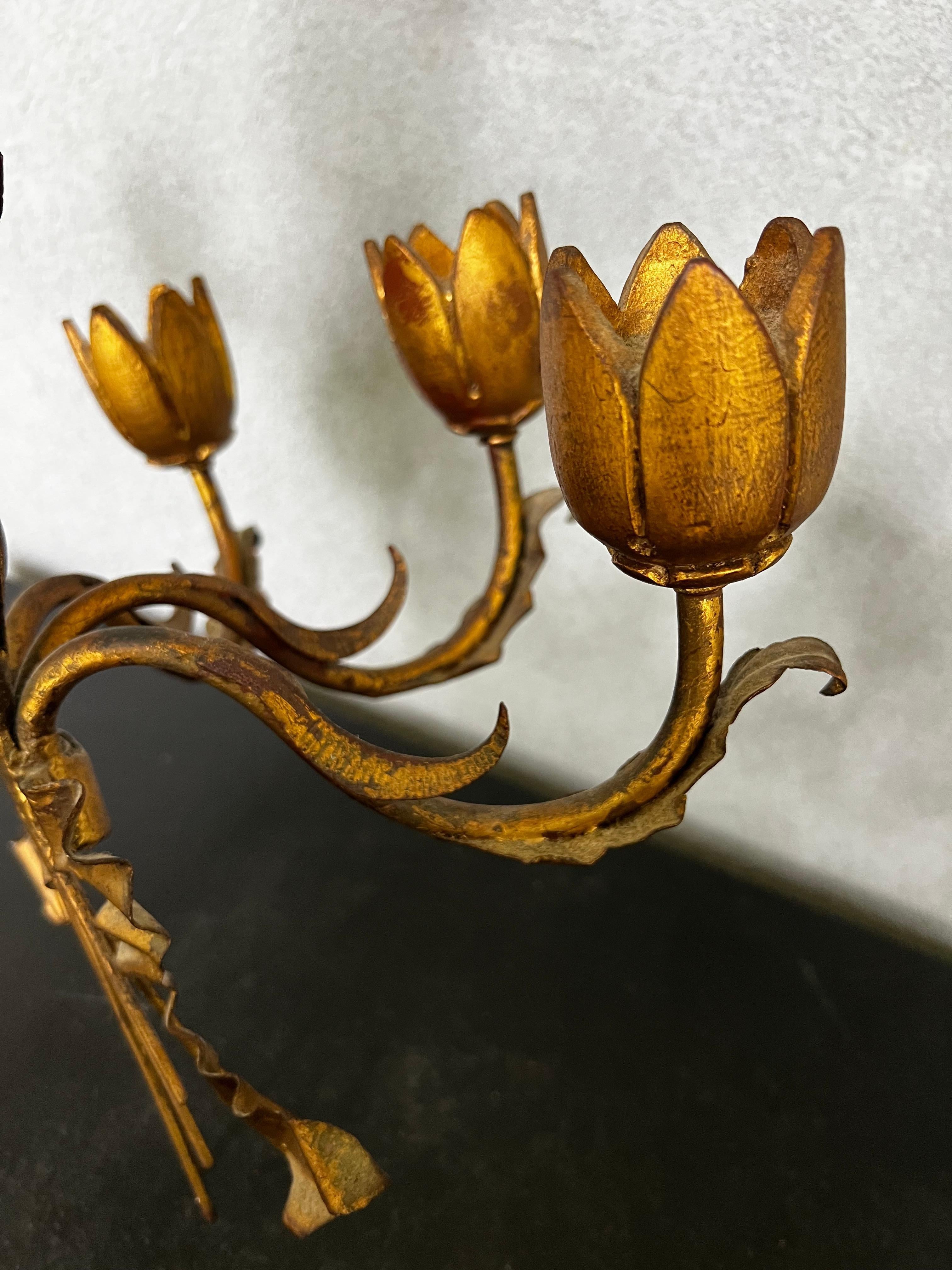 Mid-Century Gilt Iron French Tole 3 Light Candle Sconces For Sale 8