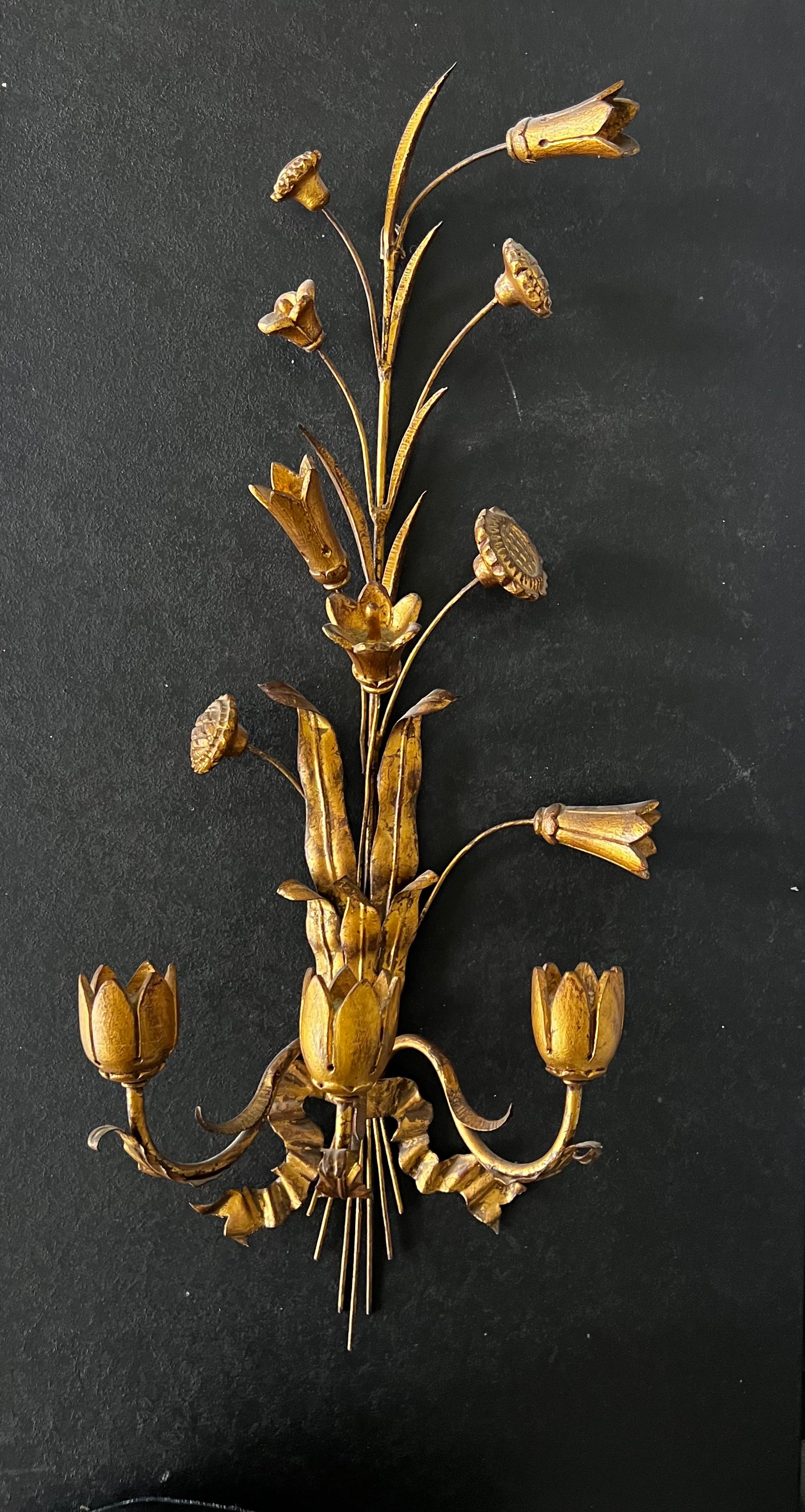 Mid-Century Gilt Iron French Tole 3 Light Candle Sconces For Sale 10