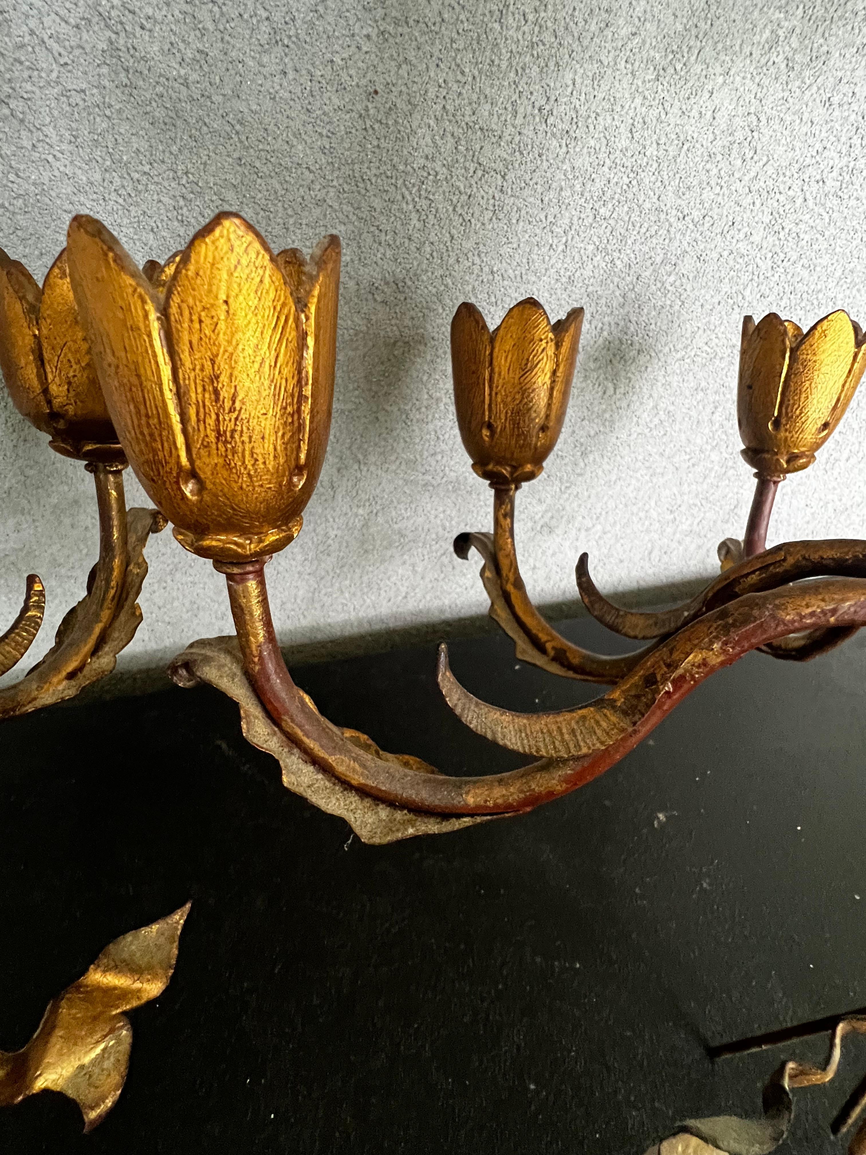 Mid-Century Gilt Iron French Tole 3 Light Candle Sconces For Sale 11