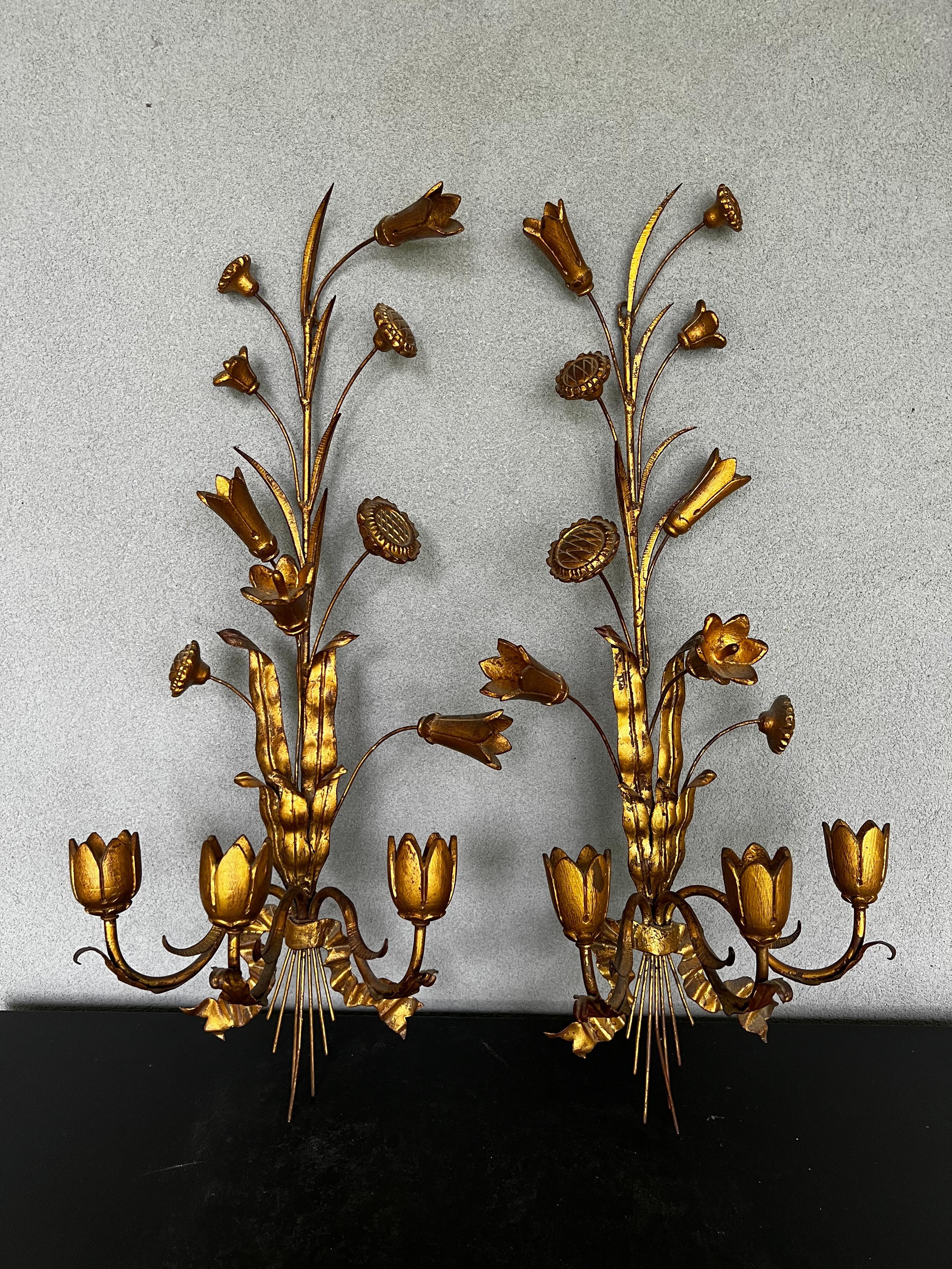 Stunning pair of iron and wood gilt French Tole 3 light candle sconces 
A lovely pair to add some character to your decor use it with or without candles both ways it’s an amazing look and adds some romanticism to  the decor 
