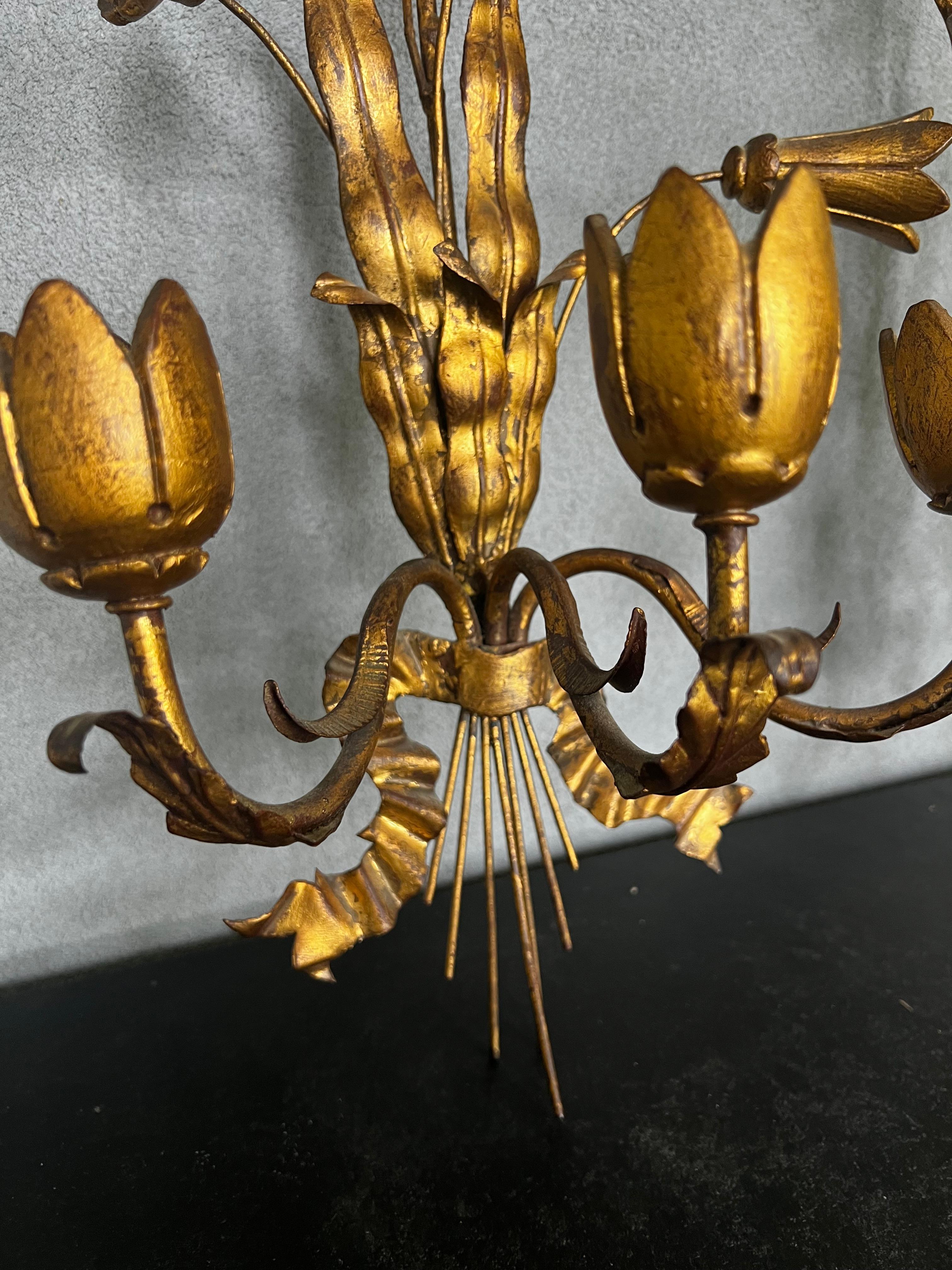 Rococo Mid-Century Gilt Iron French Tole 3 Light Candle Sconces For Sale