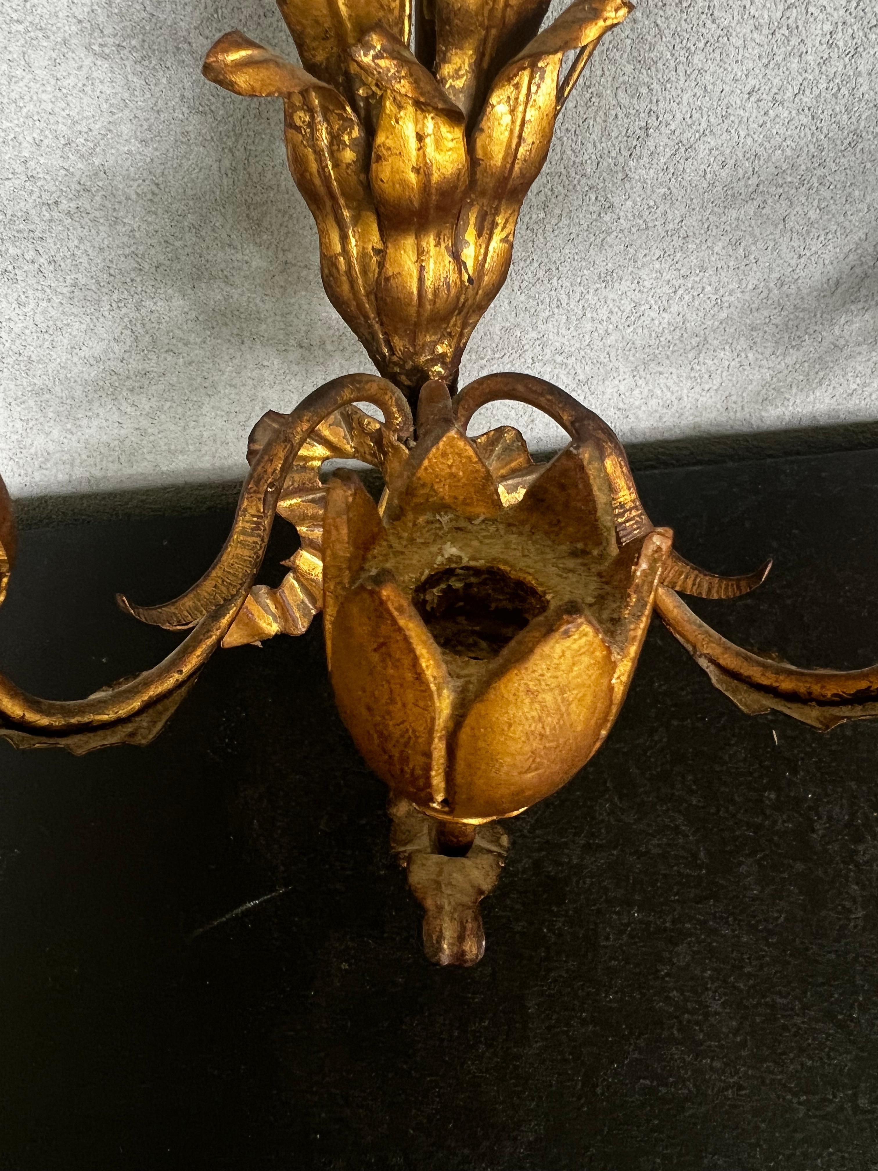 Mid-Century Gilt Iron French Tole 3 Light Candle Sconces In Good Condition For Sale In Fort Washington, MD