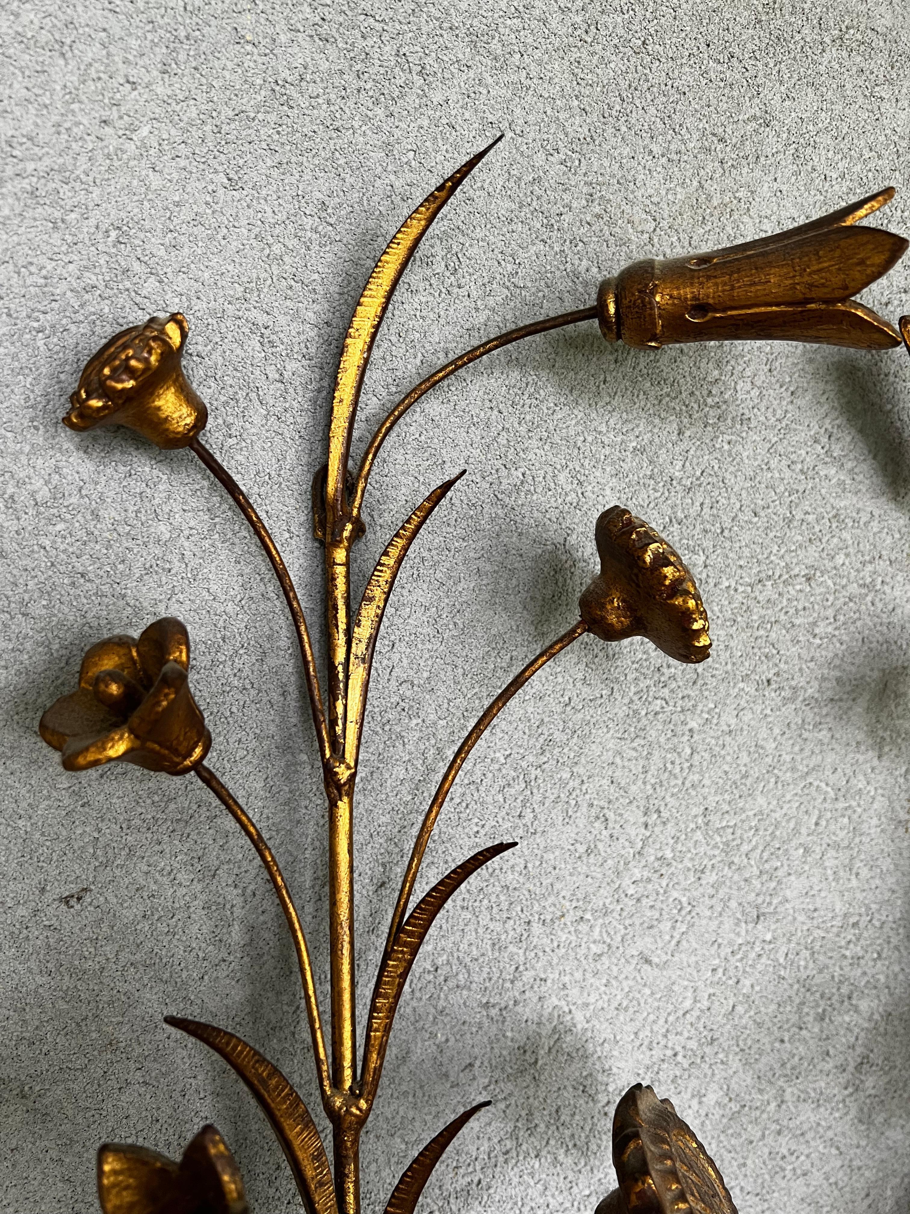 Mid-Century Gilt Iron French Tole 3 Light Candle Sconces For Sale 2