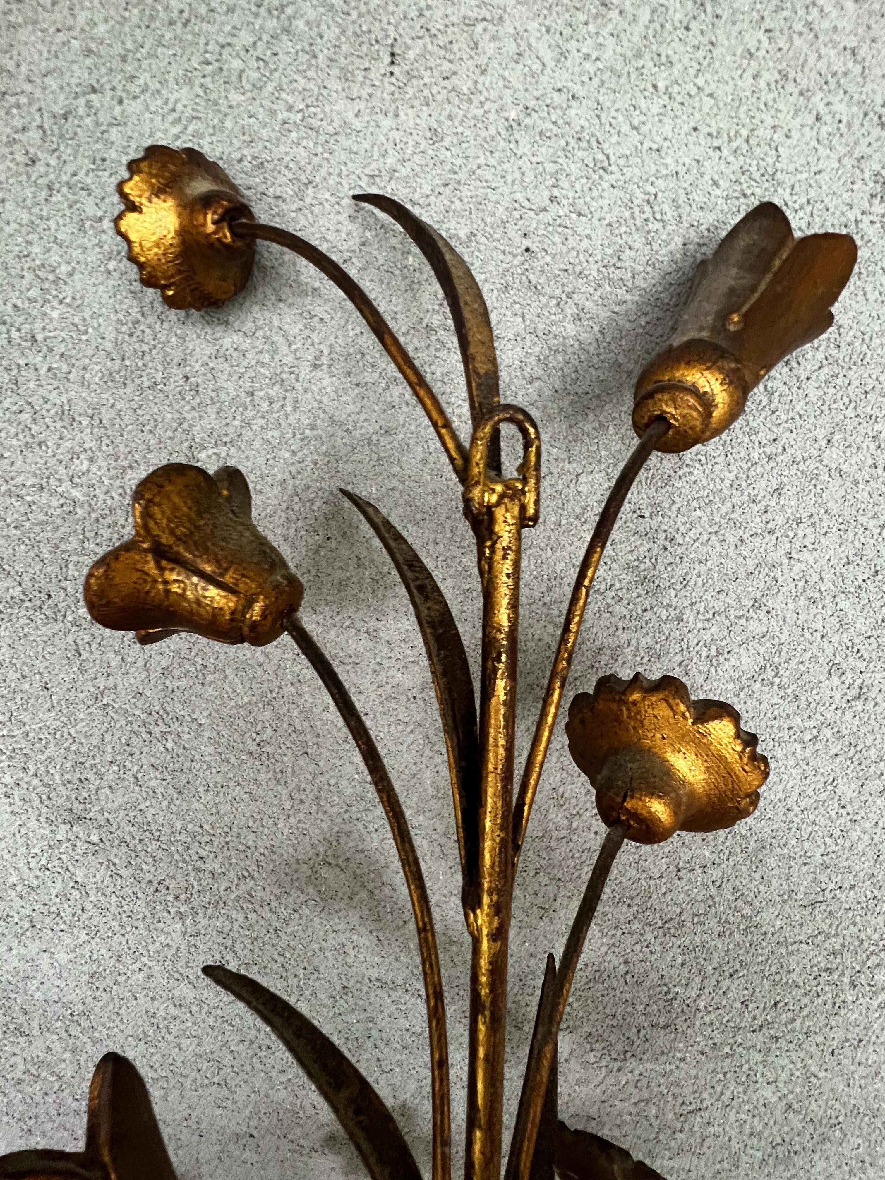 Mid-Century Gilt Iron French Tole 3 Light Candle Sconces For Sale 4