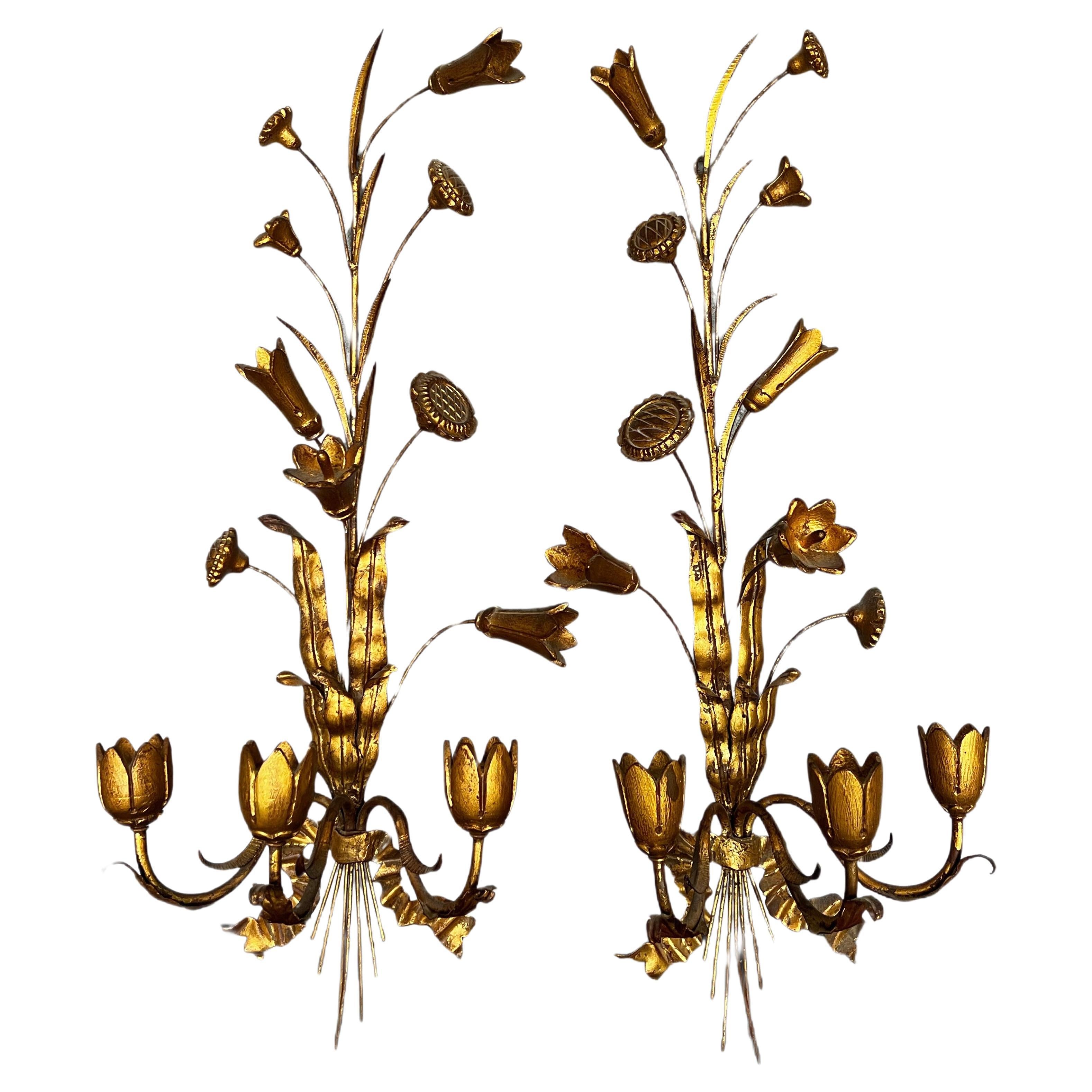 Mid-Century Gilt Iron French Tole 3 Light Candle Sconces
