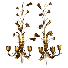 Mid-Century Gilt Iron French Tole 3 Light Candle Sconces