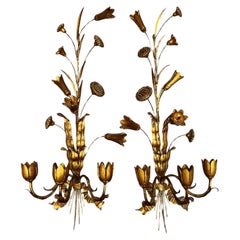 Retro Mid-Century Gilt Iron French Tole 3 Light Candle Sconces