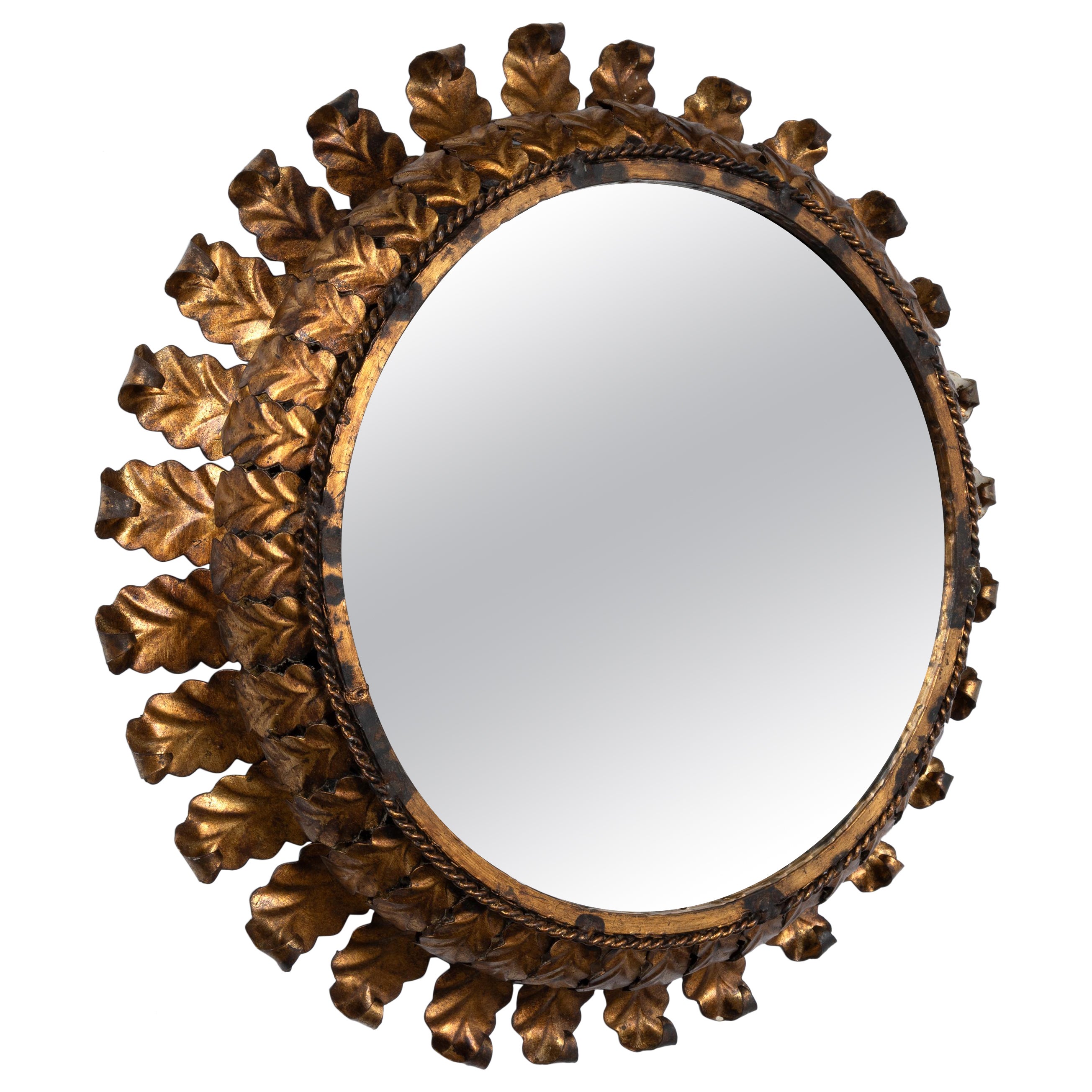 Mid Century Gilt Leaf 'Sunburst' Mirror, Spain C.1960