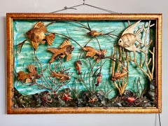Mid Century Gilt Metal Brutalist Fish Aquarium Wall Art
