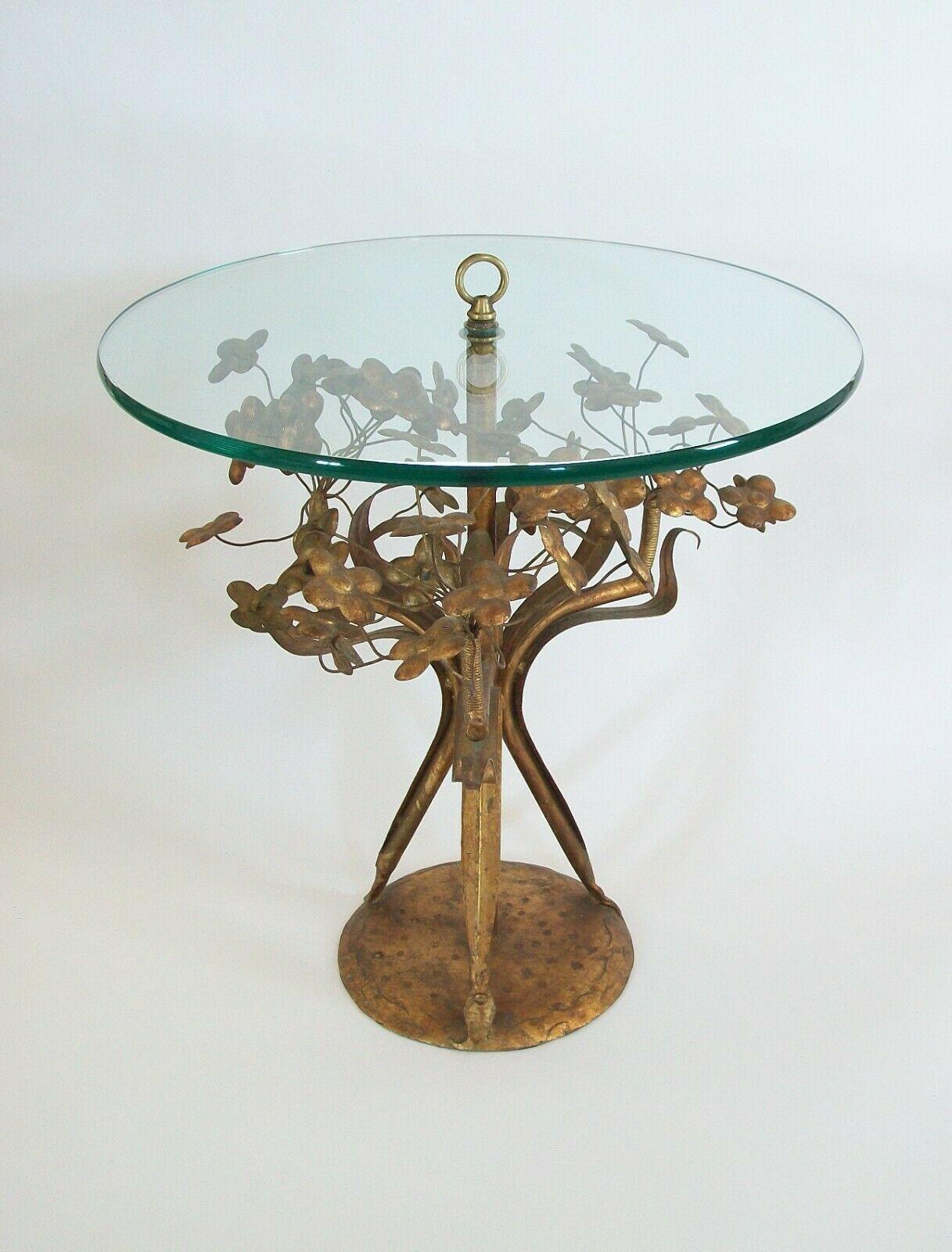 Rare Mid Century gilt metal 'flower' occasional table - flexible wire stems - ring finial/handle - 20