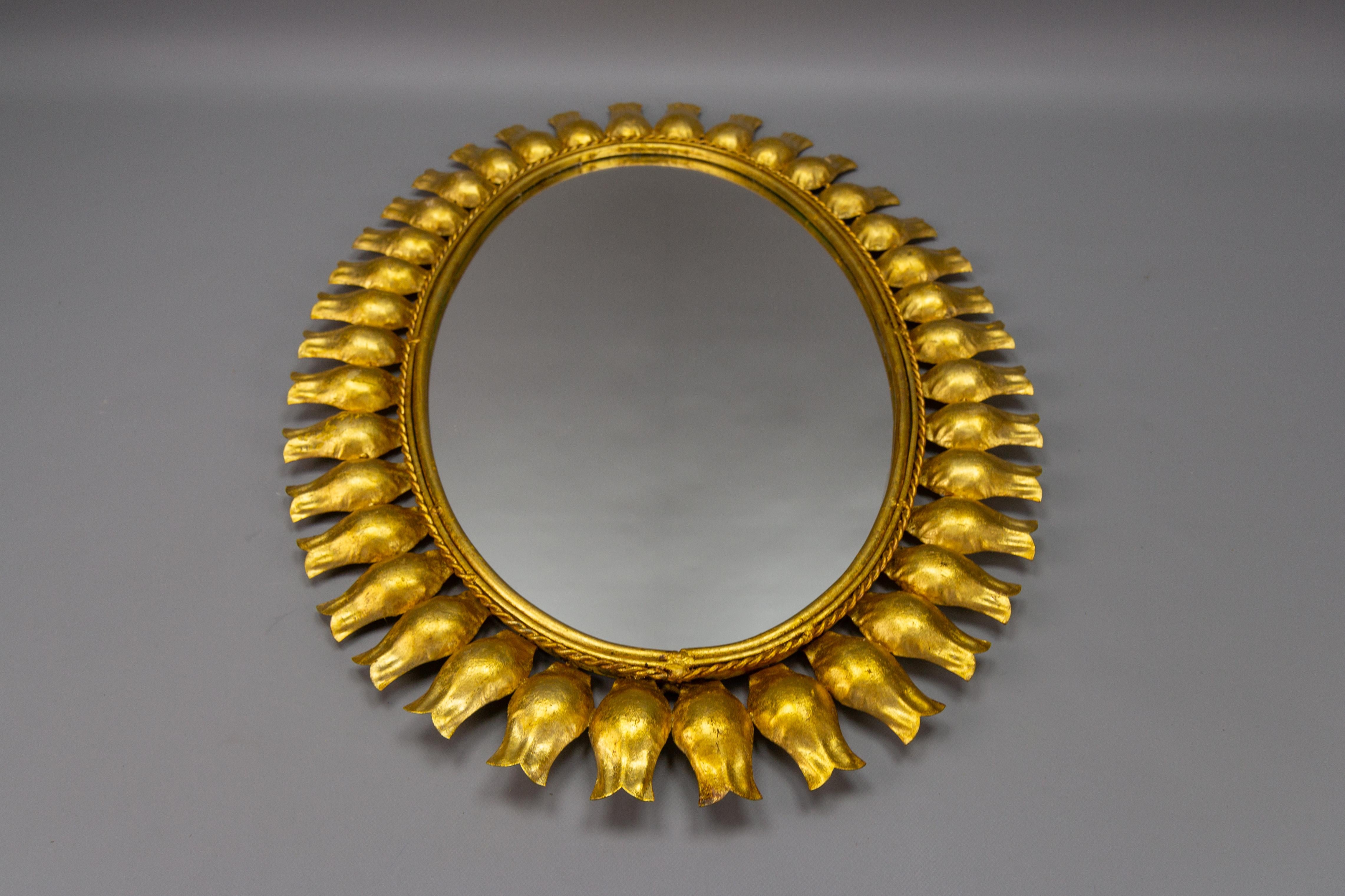Mid-Century Gilt Metal Oval Sunburst Wall Mirror For Sale 5