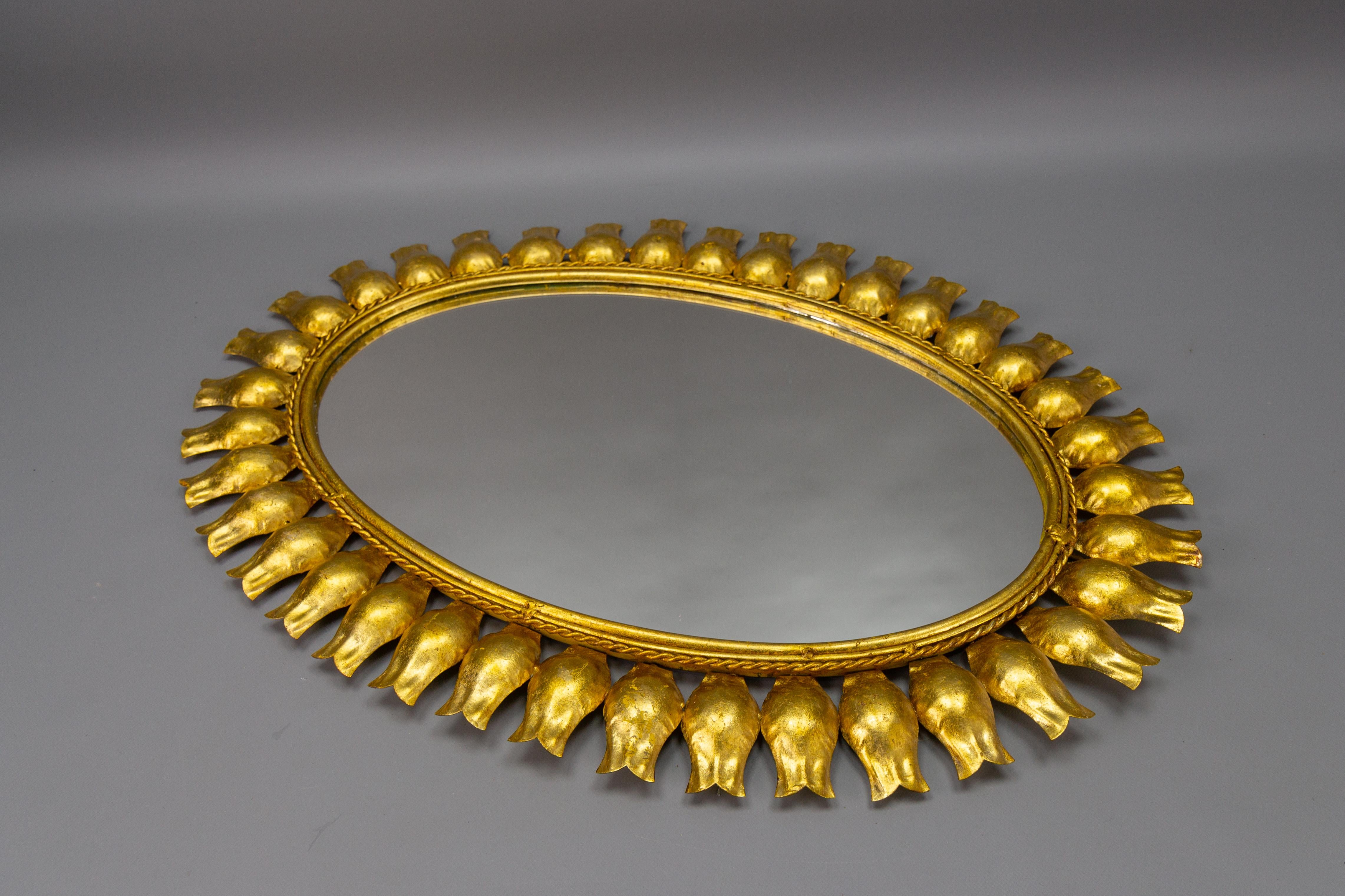 Mid-Century Gilt Metal Oval Sunburst Wall Mirror For Sale 6