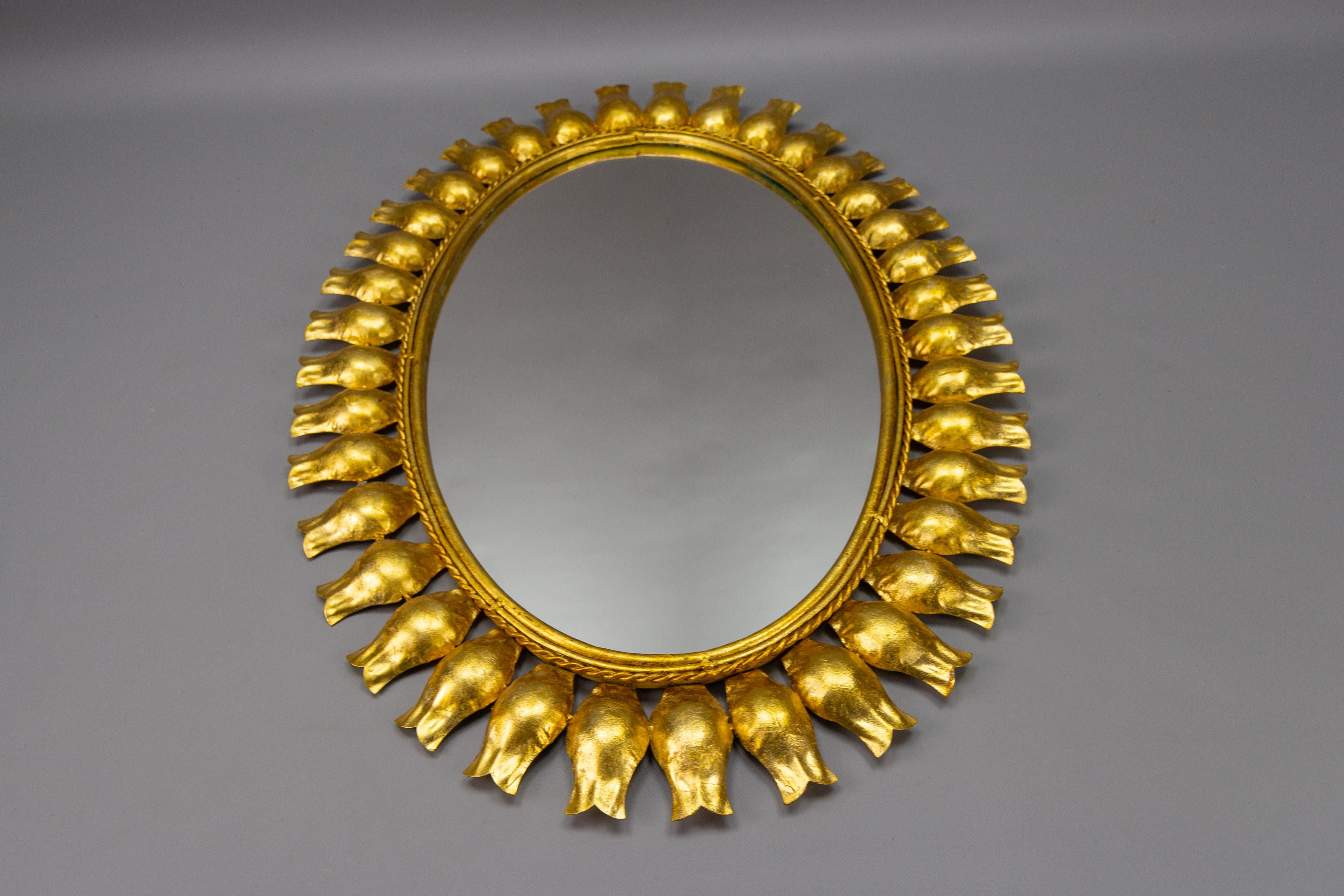 Mid-Century Gilt Metal Oval Sunburst Wall Mirror For Sale 8