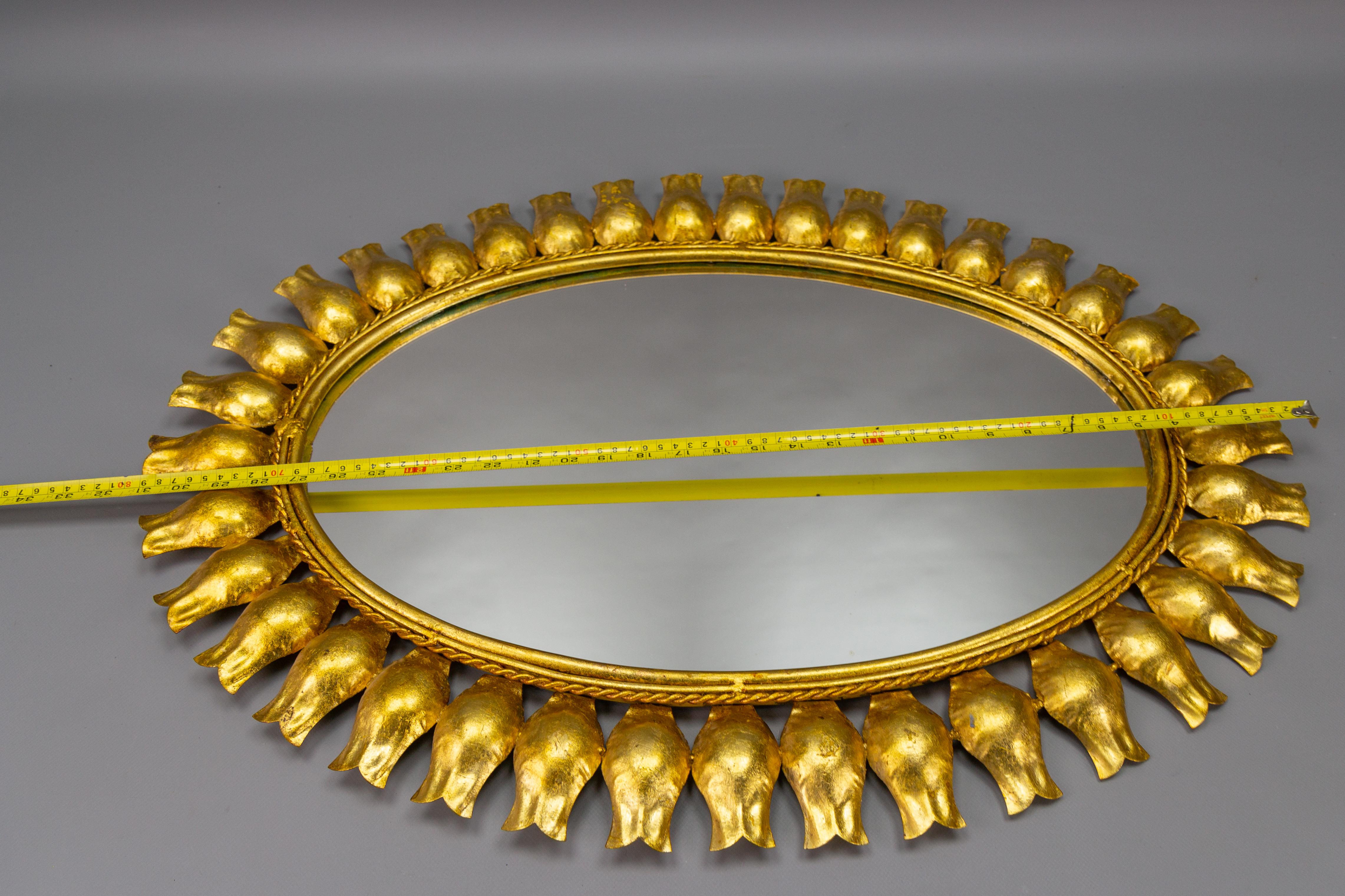 Mid-Century Gilt Metal Oval Sunburst Wall Mirror For Sale 11