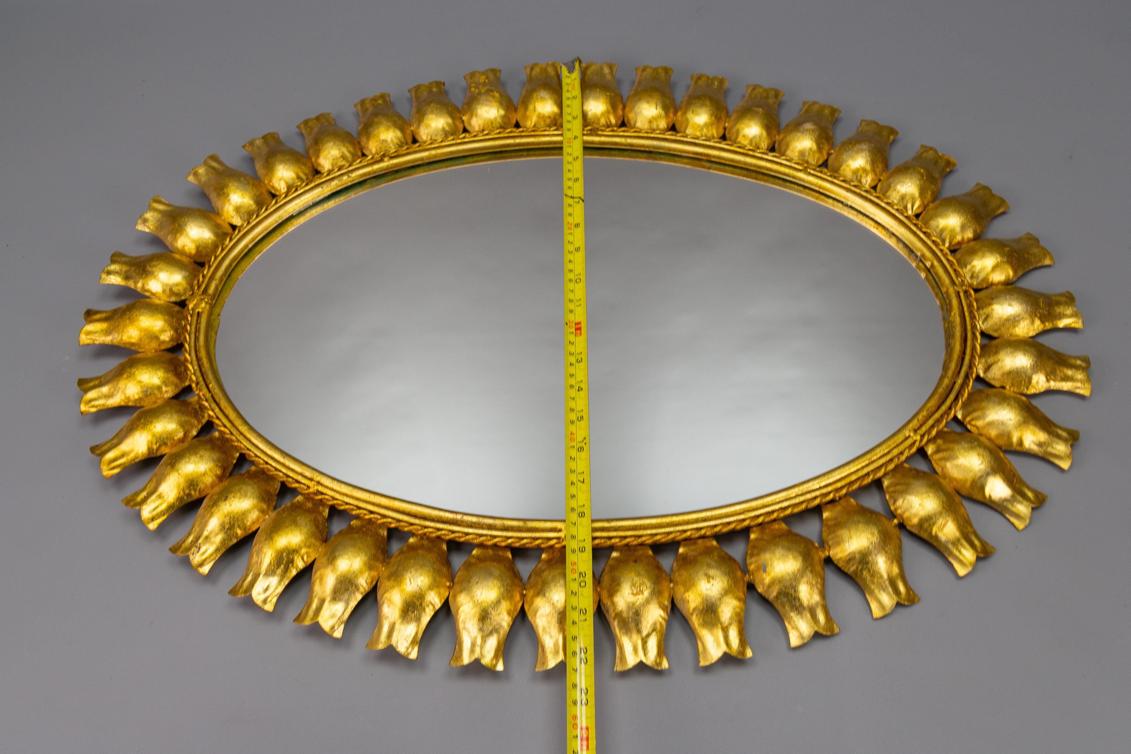 Mid-Century Gilt Metal Oval Sunburst Wall Mirror For Sale 13