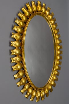 Mid-Century Gilt Metal Oval Sunburst Wall Mirror