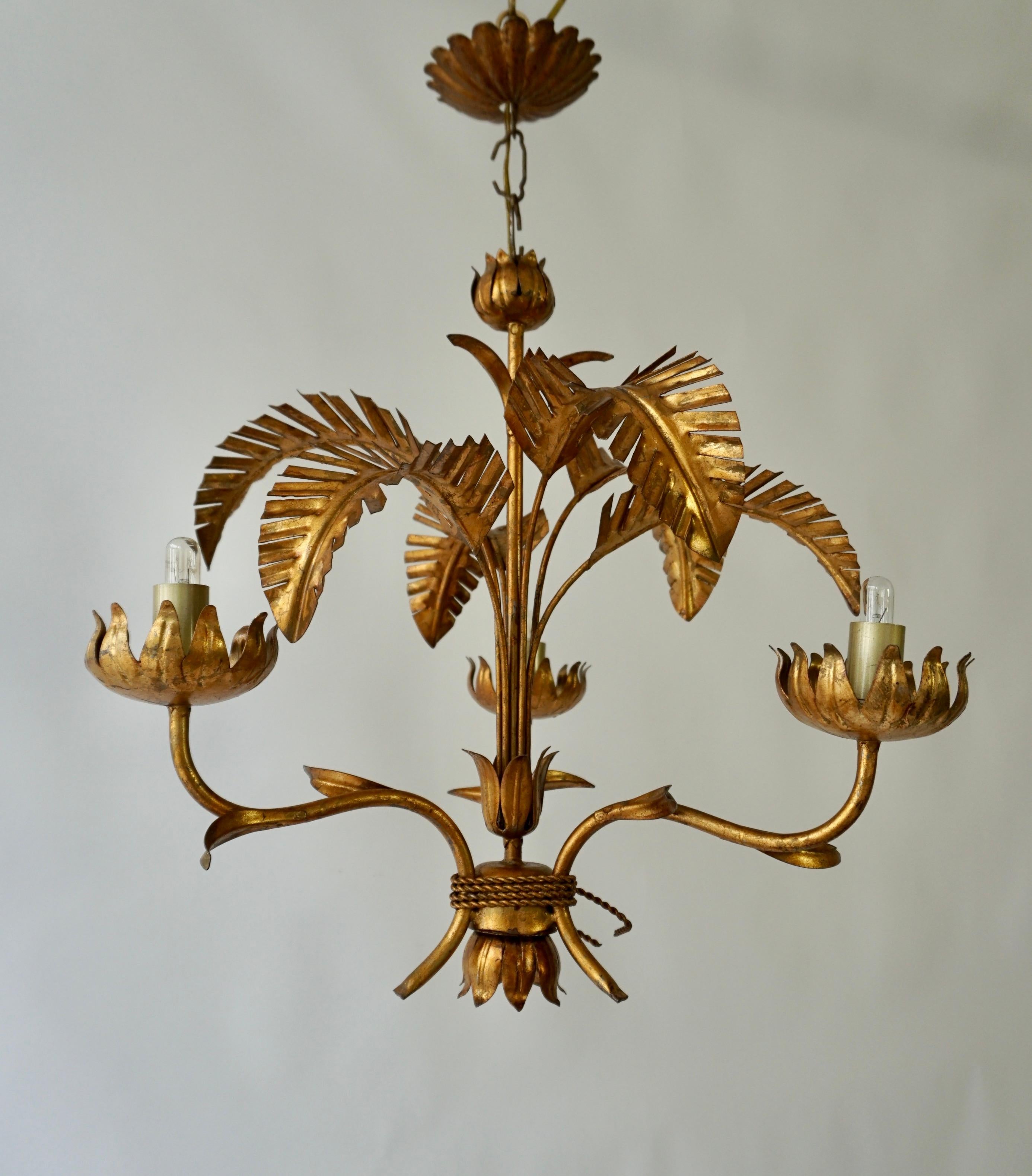 Brass Mid-Century Gilt Metal Palm Leaf Chandelier, 1970s For Sale