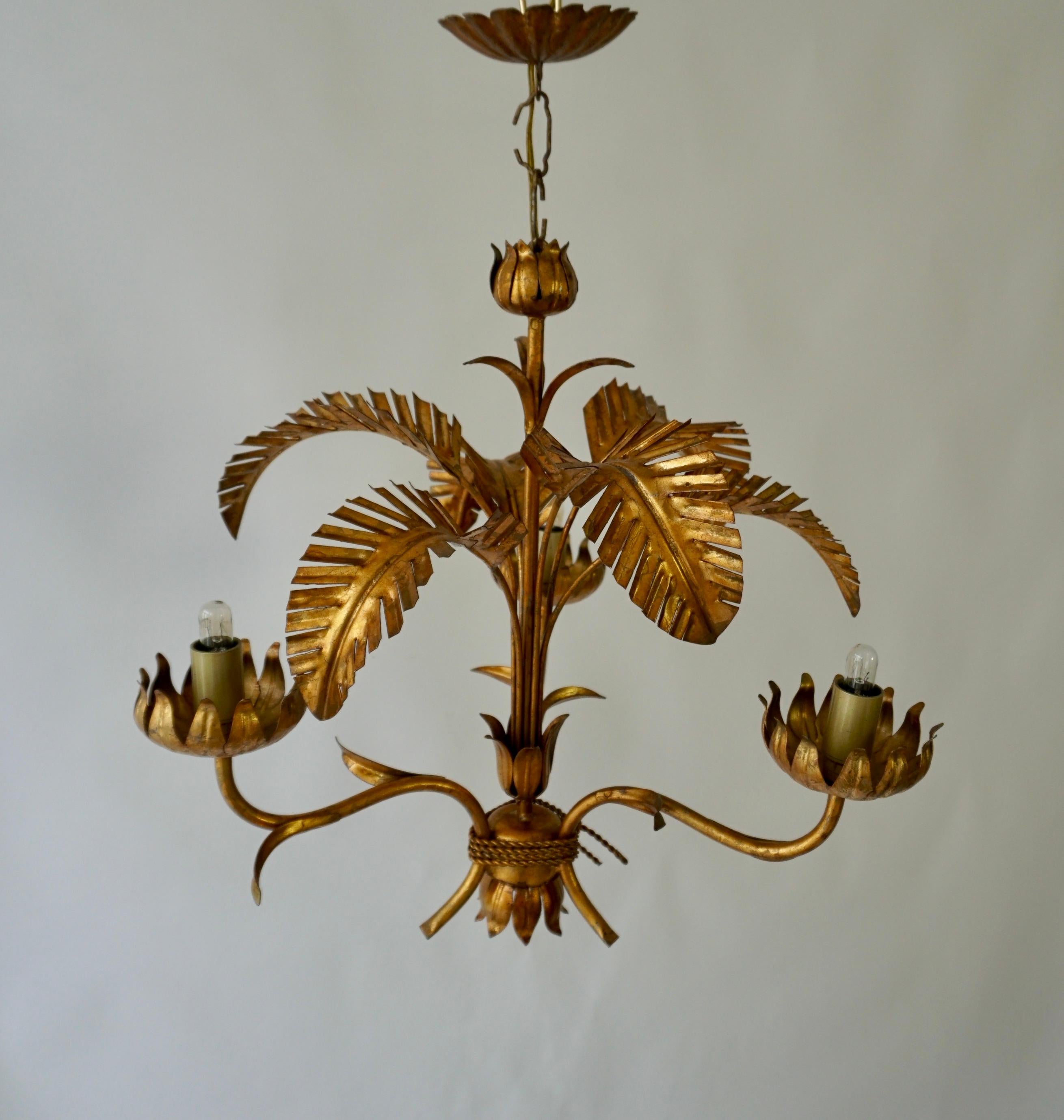 Brass Mid-Century Gilt Metal Palm Leaf Chandelier, 1970s For Sale