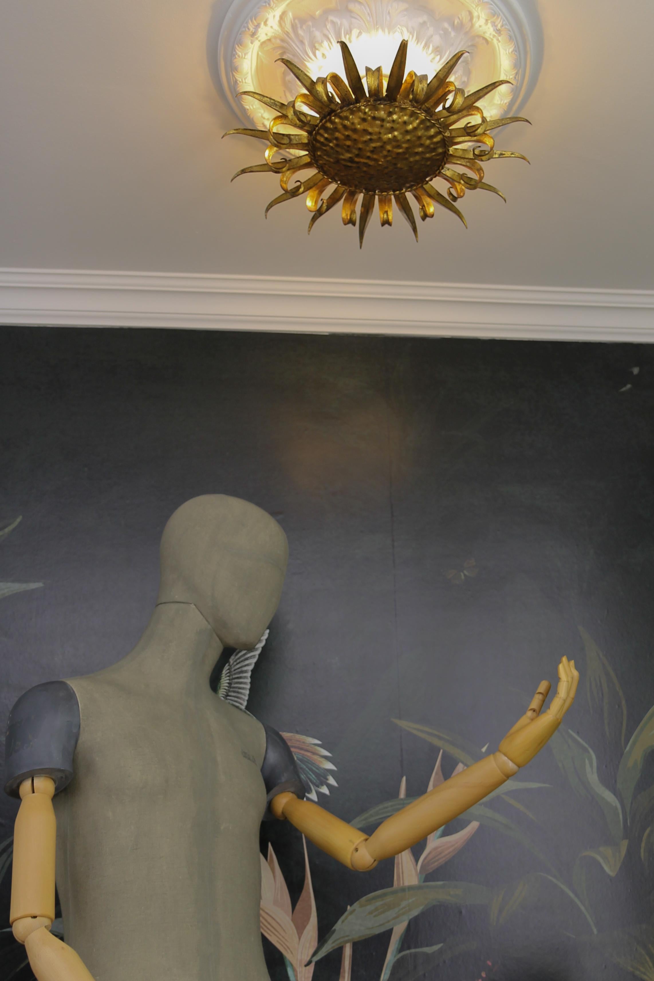 Mid-Century Gilt Metal Sun-Shaped Sunburst Ceiling Light, Spain, 1950s For Sale 8