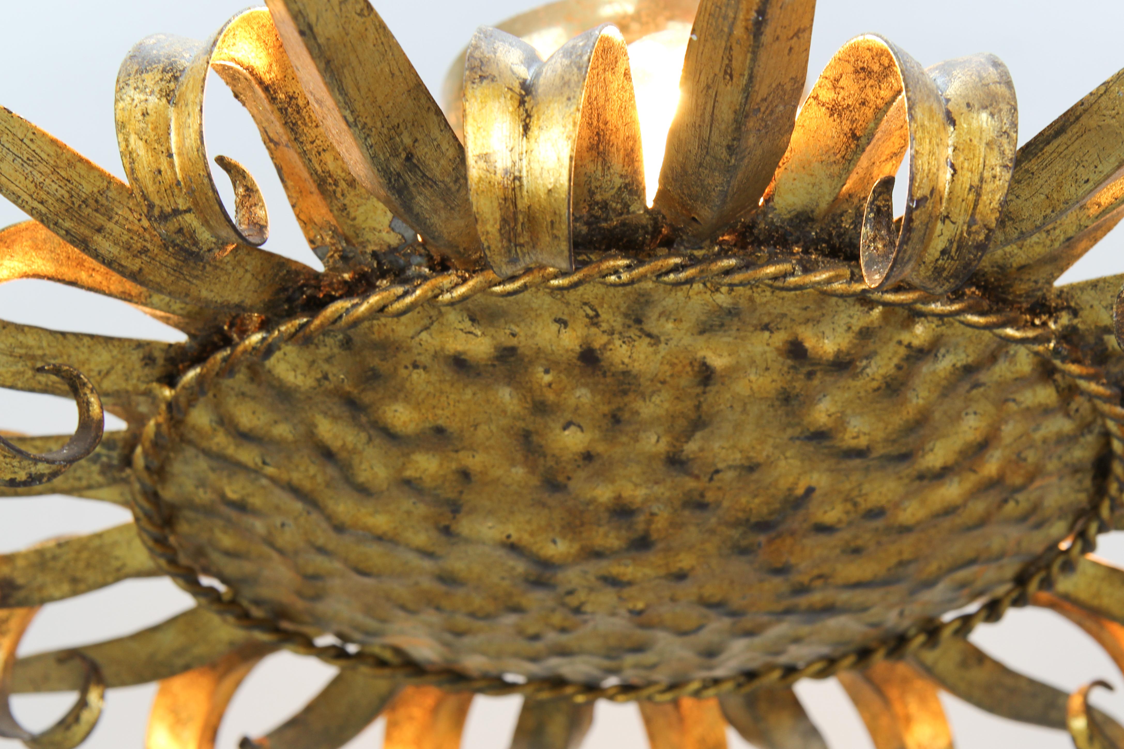 Mid-Century Modern Mid-Century Gilt Metal Sun-Shaped Sunburst Ceiling Light, Spain, 1950s For Sale