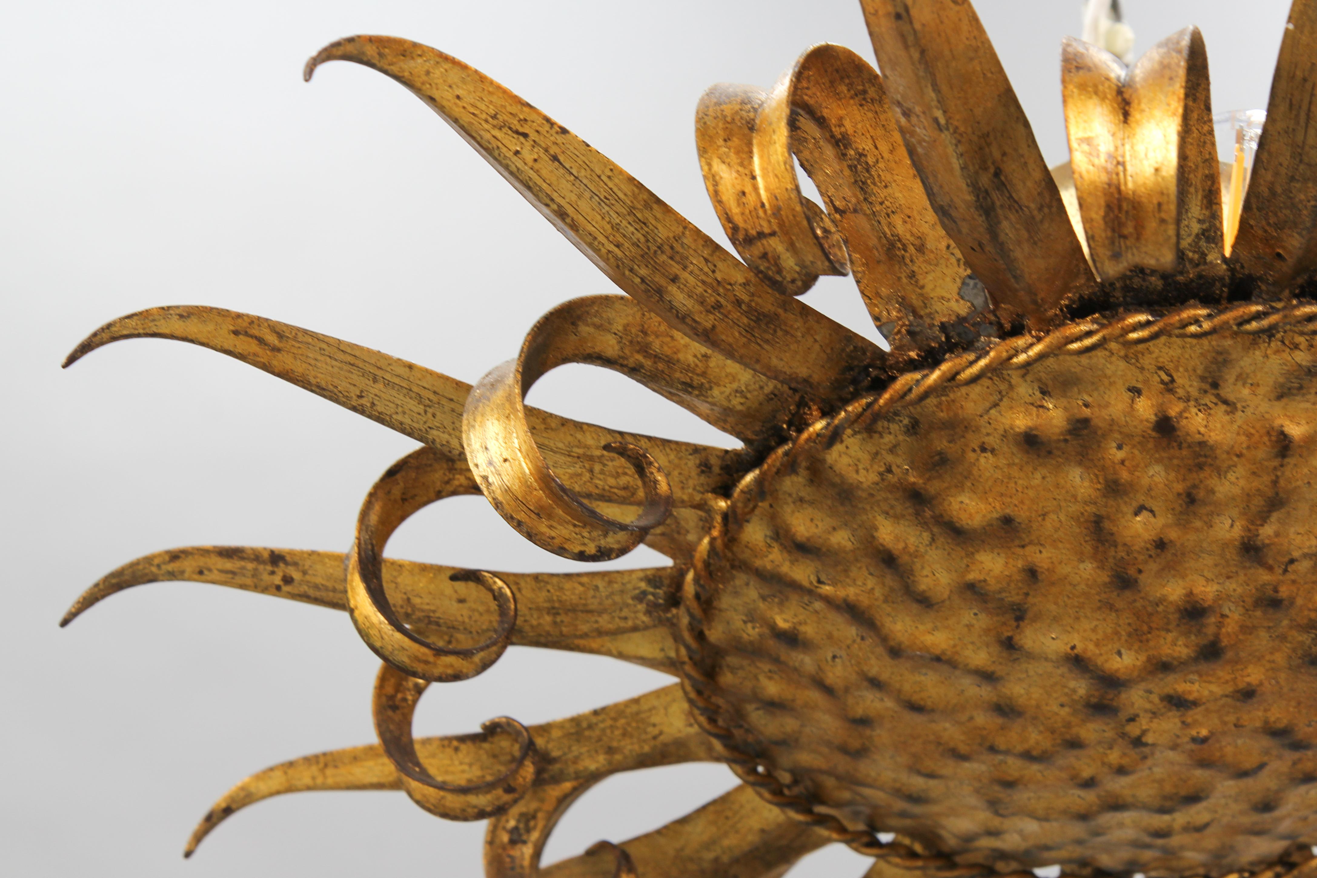 Spanish Mid-Century Gilt Metal Sun-Shaped Sunburst Ceiling Light, Spain, 1950s For Sale