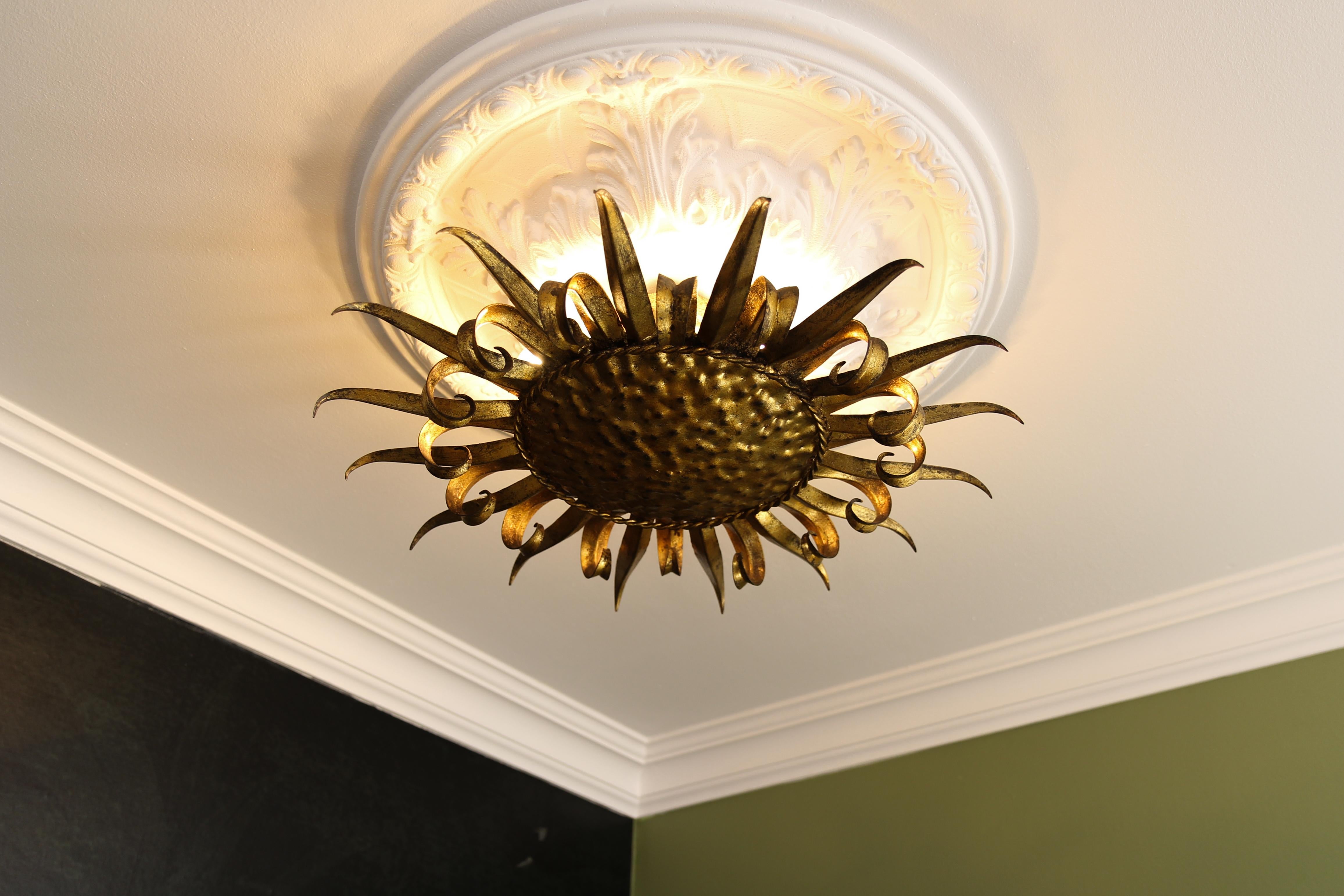 Mid-20th Century Mid-Century Gilt Metal Sun-Shaped Sunburst Ceiling Light, Spain, 1950s For Sale