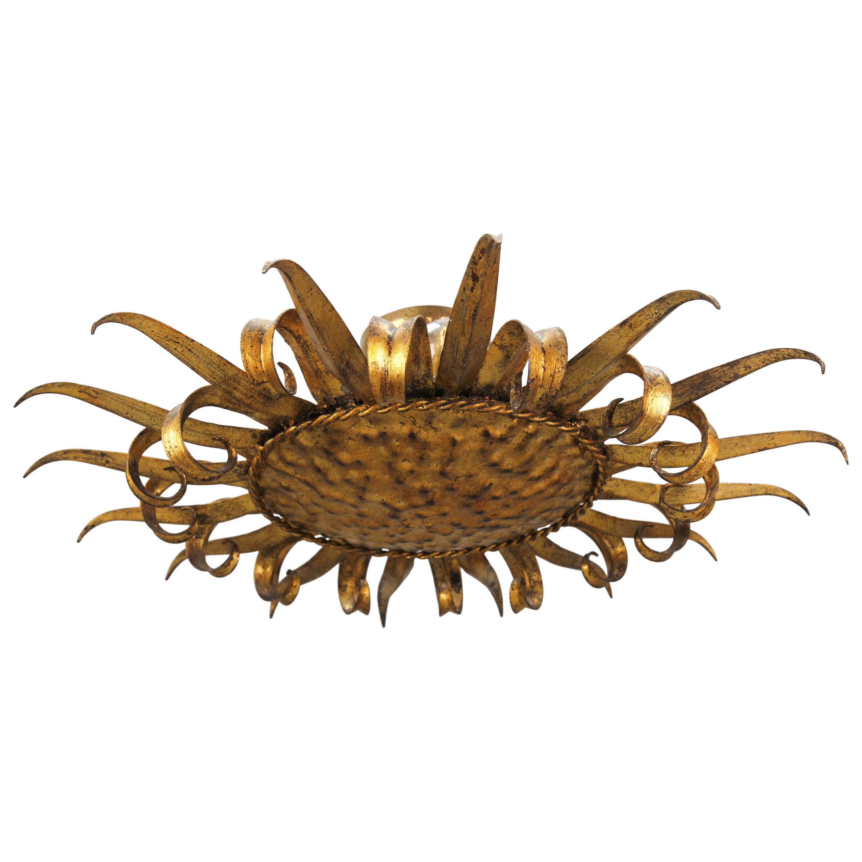Mid-Century Gilt Metal Sun-Shaped Sunburst Ceiling Light, Spain, 1950s