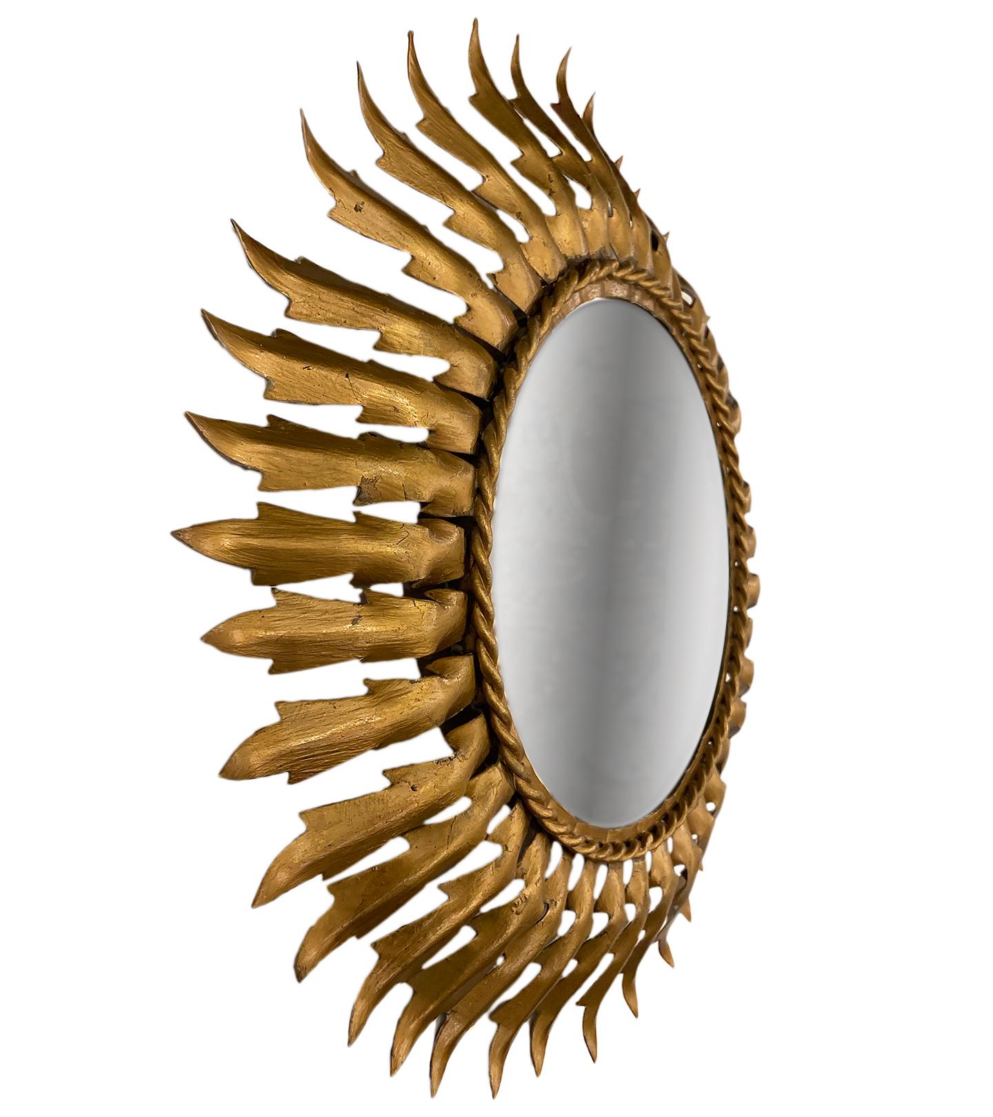 Italian Midcentury Gilt Metal Sunburst Mirror For Sale