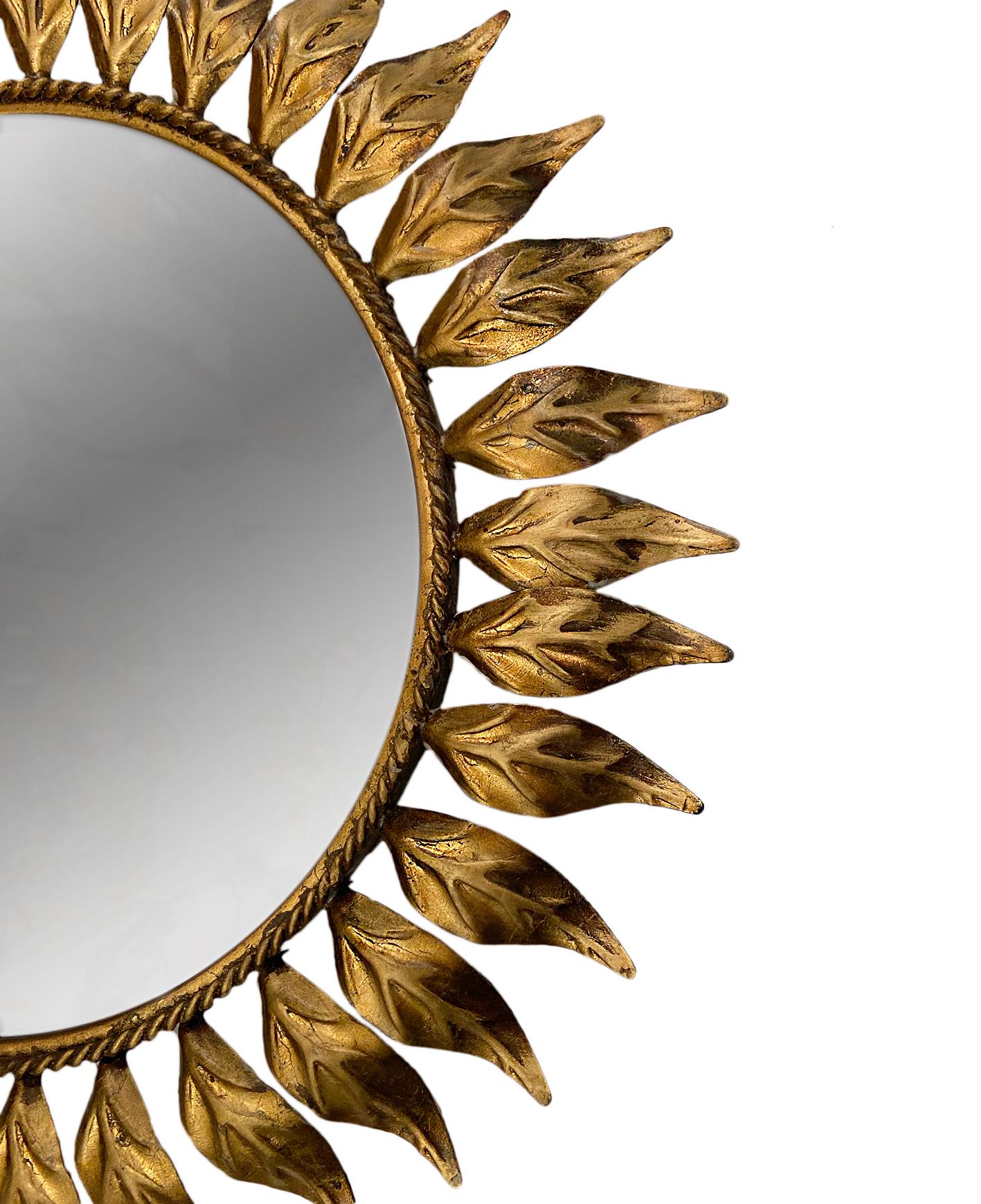 Midcentury Gilt Metal Sunburst Mirror In Good Condition For Sale In New York, NY