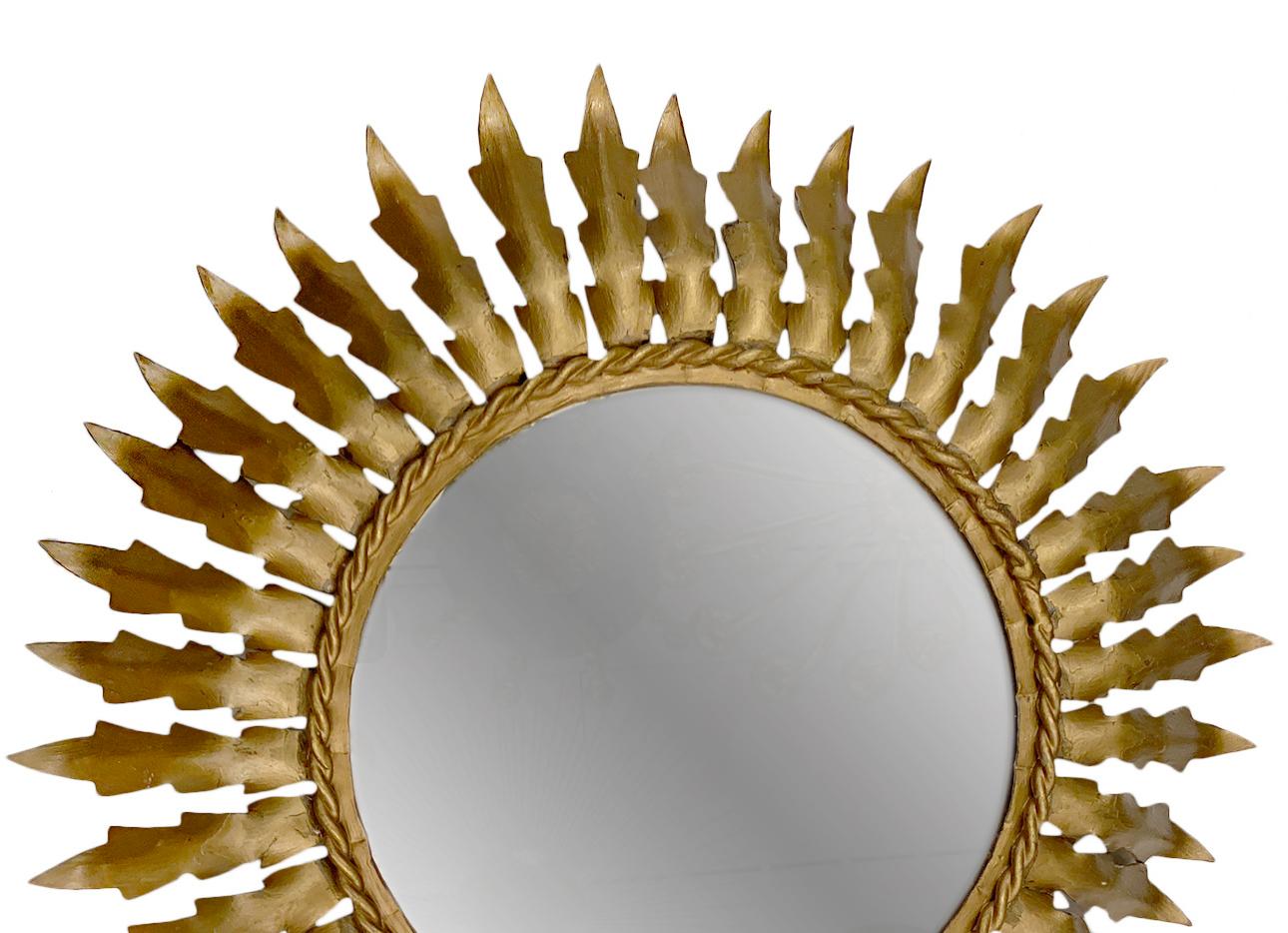 Midcentury Gilt Metal Sunburst Mirror In Good Condition For Sale In New York, NY