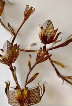 Mid Century Gilt Metal Tole Italian Sculpture of Floral Six Light Wall Sconce