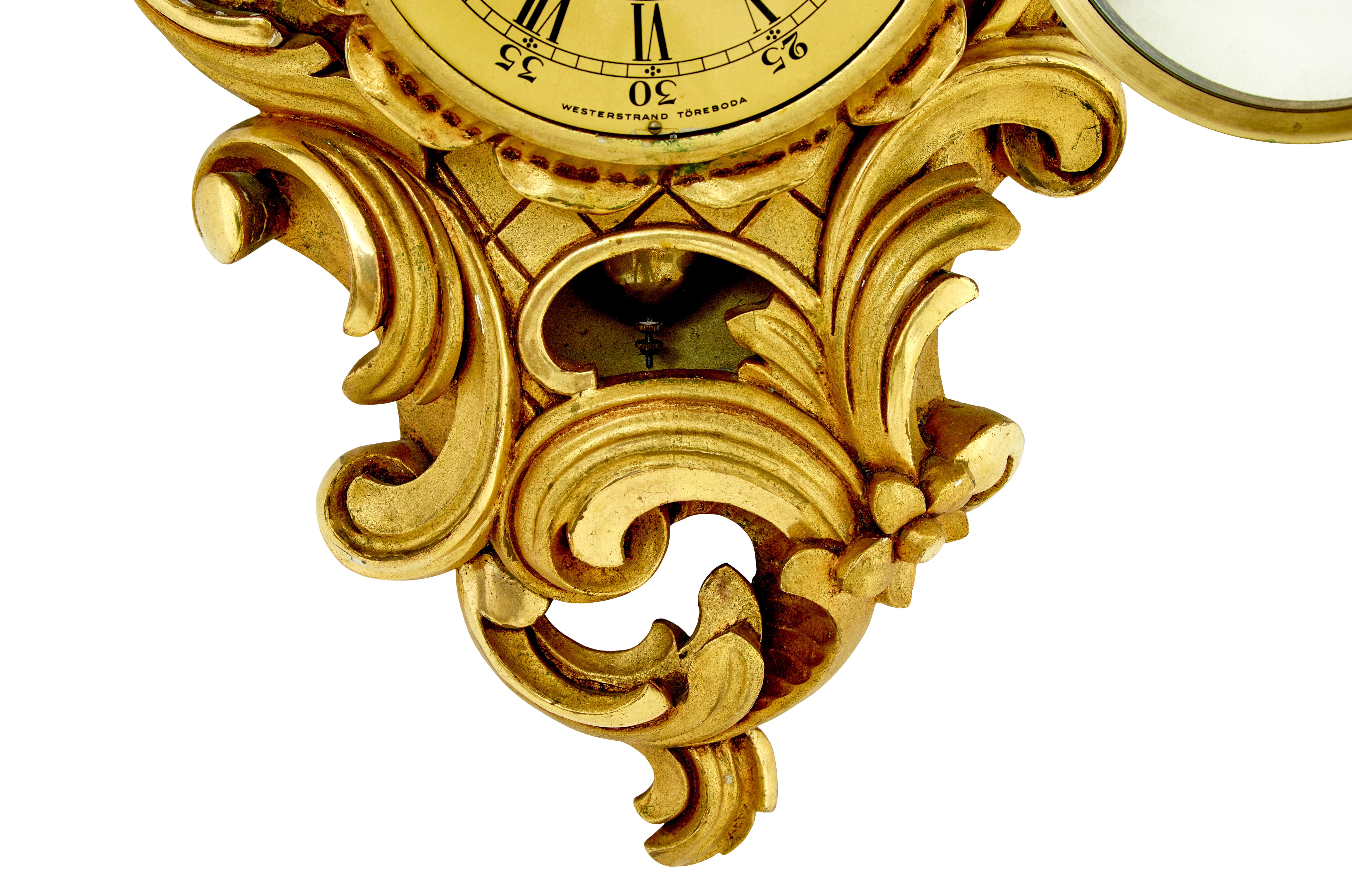 Swedish Mid century gilt rococo revival wall clock For Sale