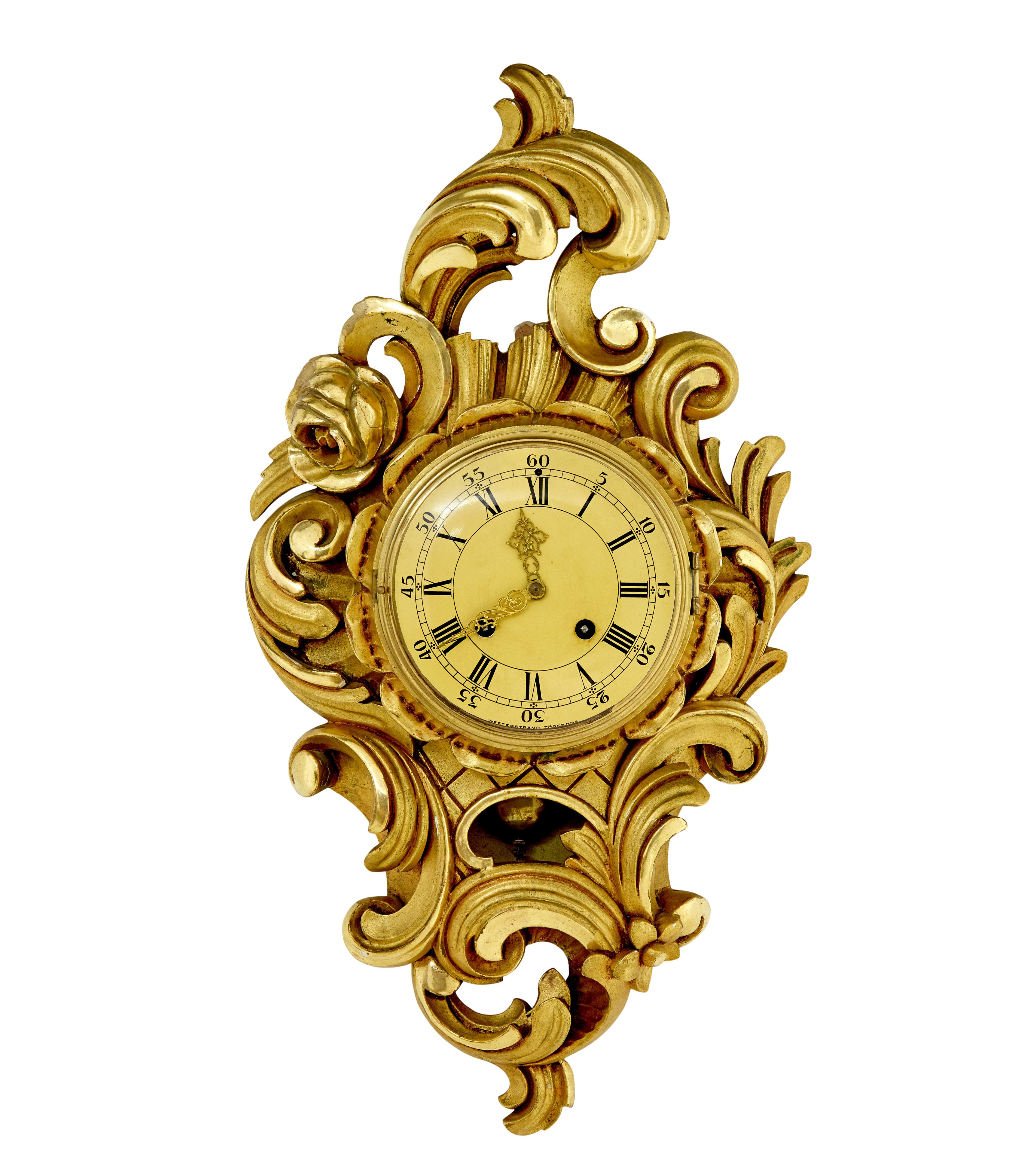 Woodwork Mid century gilt rococo revival wall clock For Sale