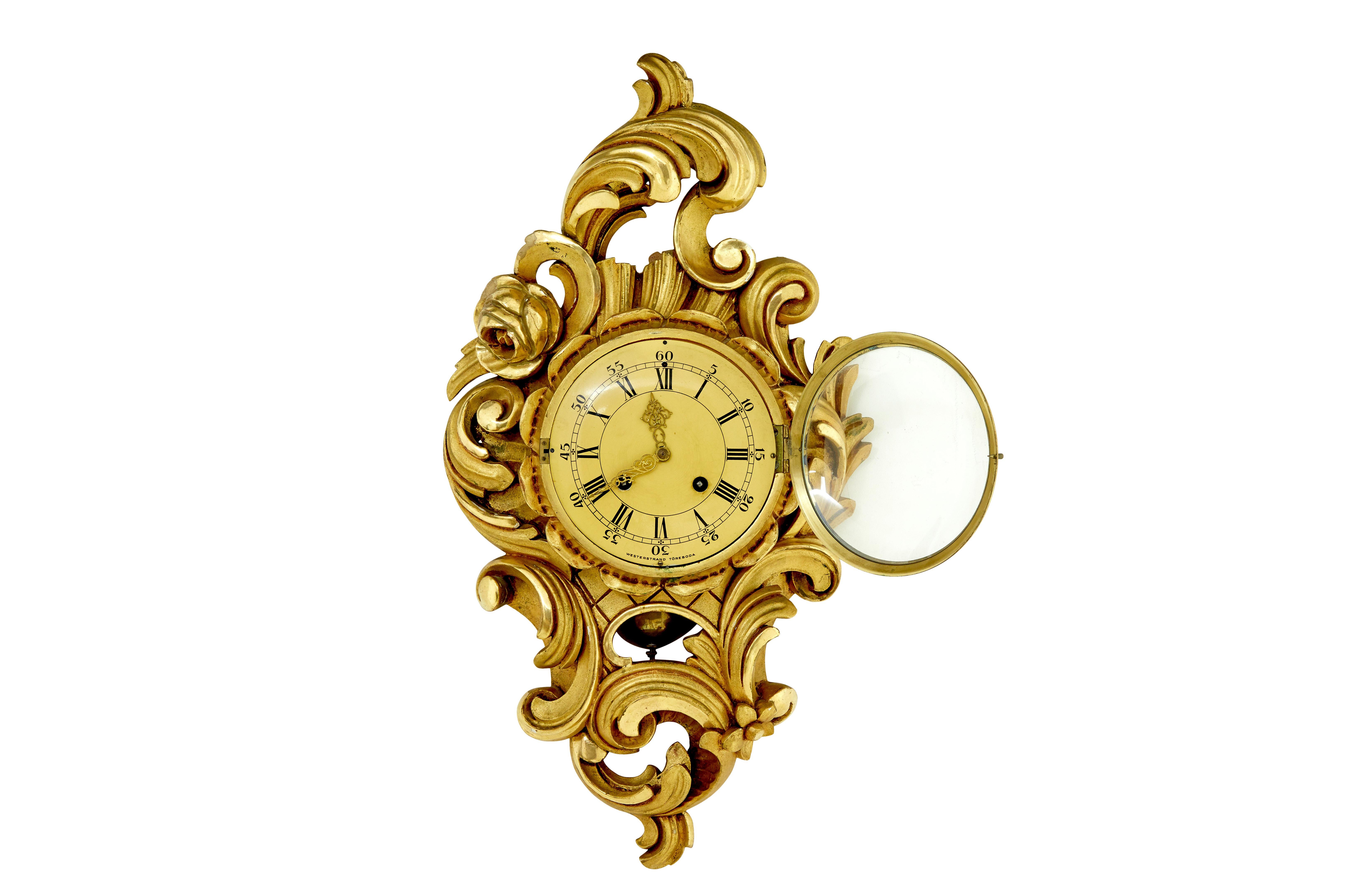 Mid century gilt rococo revival wall clock In Good Condition For Sale In Debenham, Suffolk