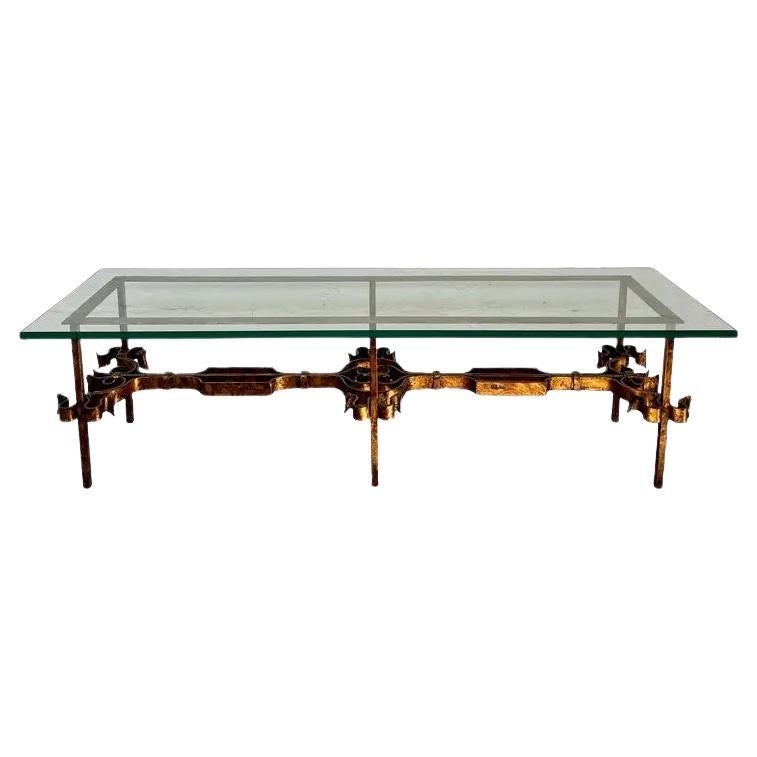 Mid Century vergoldet Scrolling Eisen Glas Couchtisch