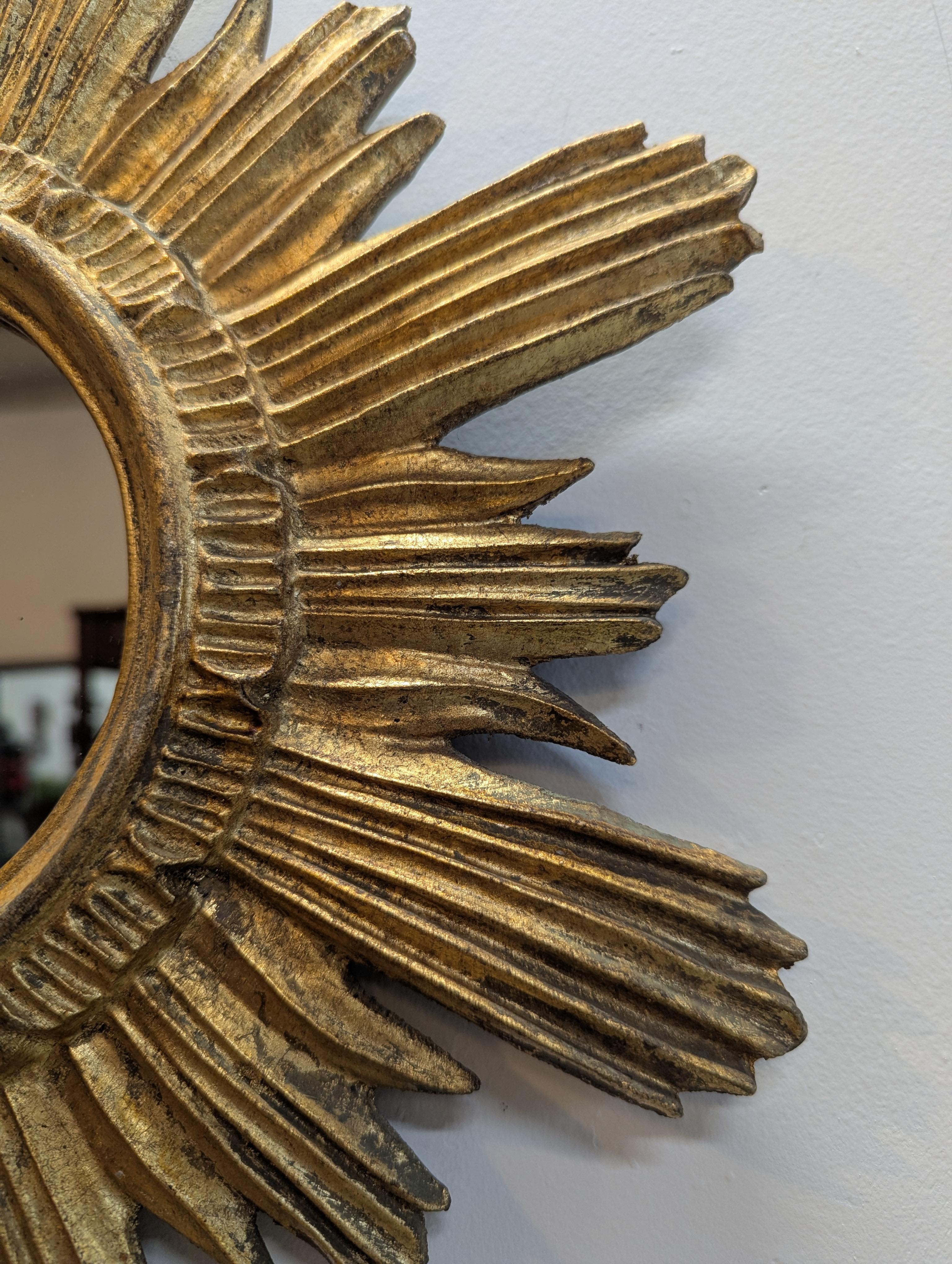 Hand-Carved Mid Century Gilt Sunburst Mirror For Sale