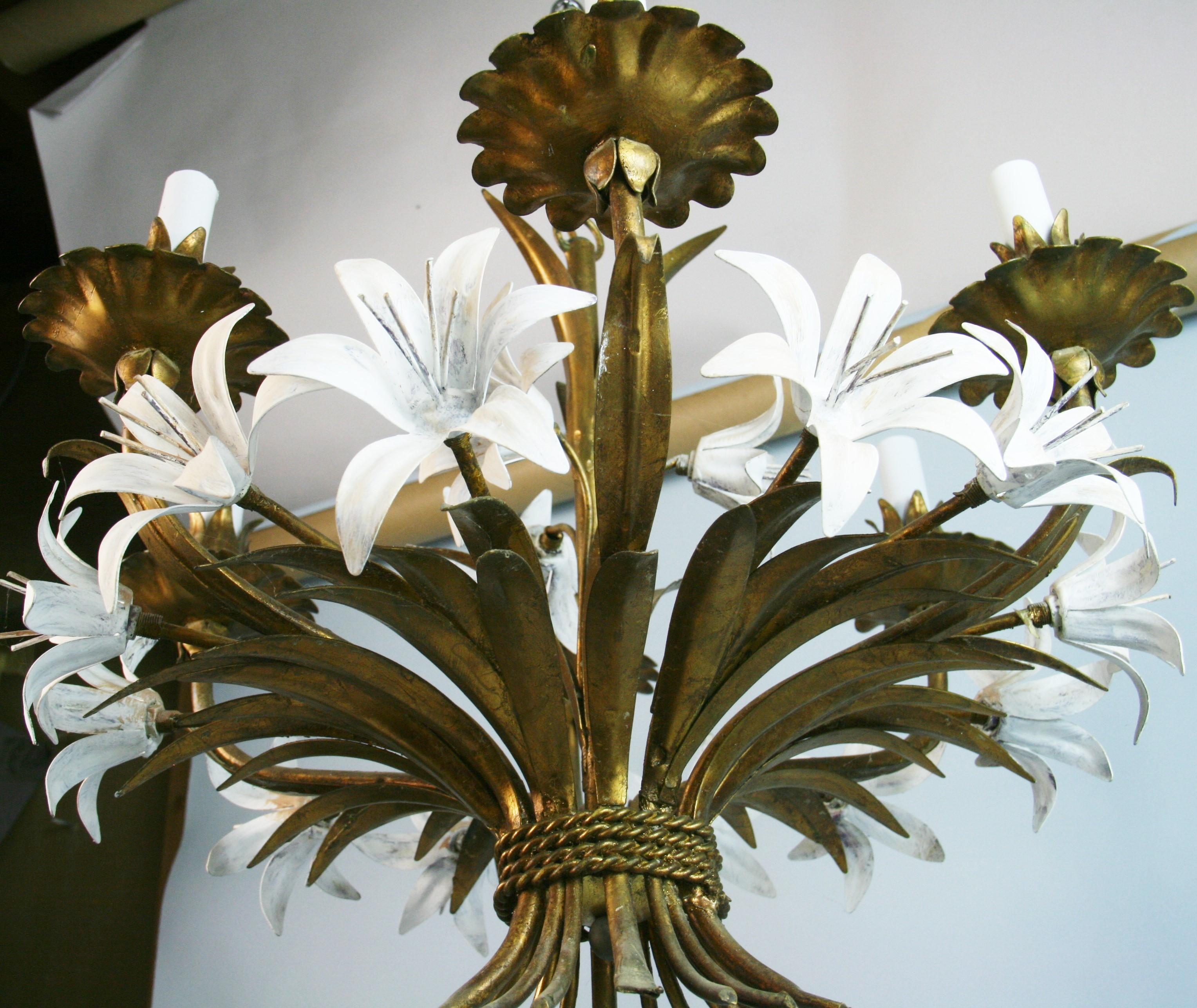 Mid Century Gilt Tole Italian Flower Six-Light Chandelier For Sale 6