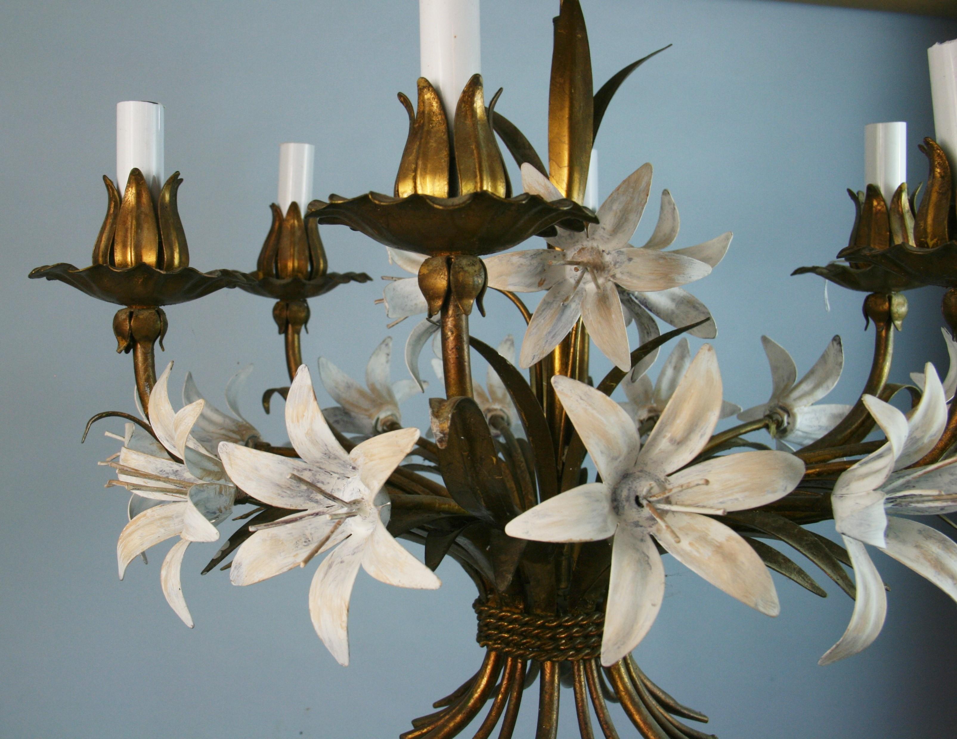 Mid Century Gilt Tole Italian Flower Six-Light Chandelier For Sale 8