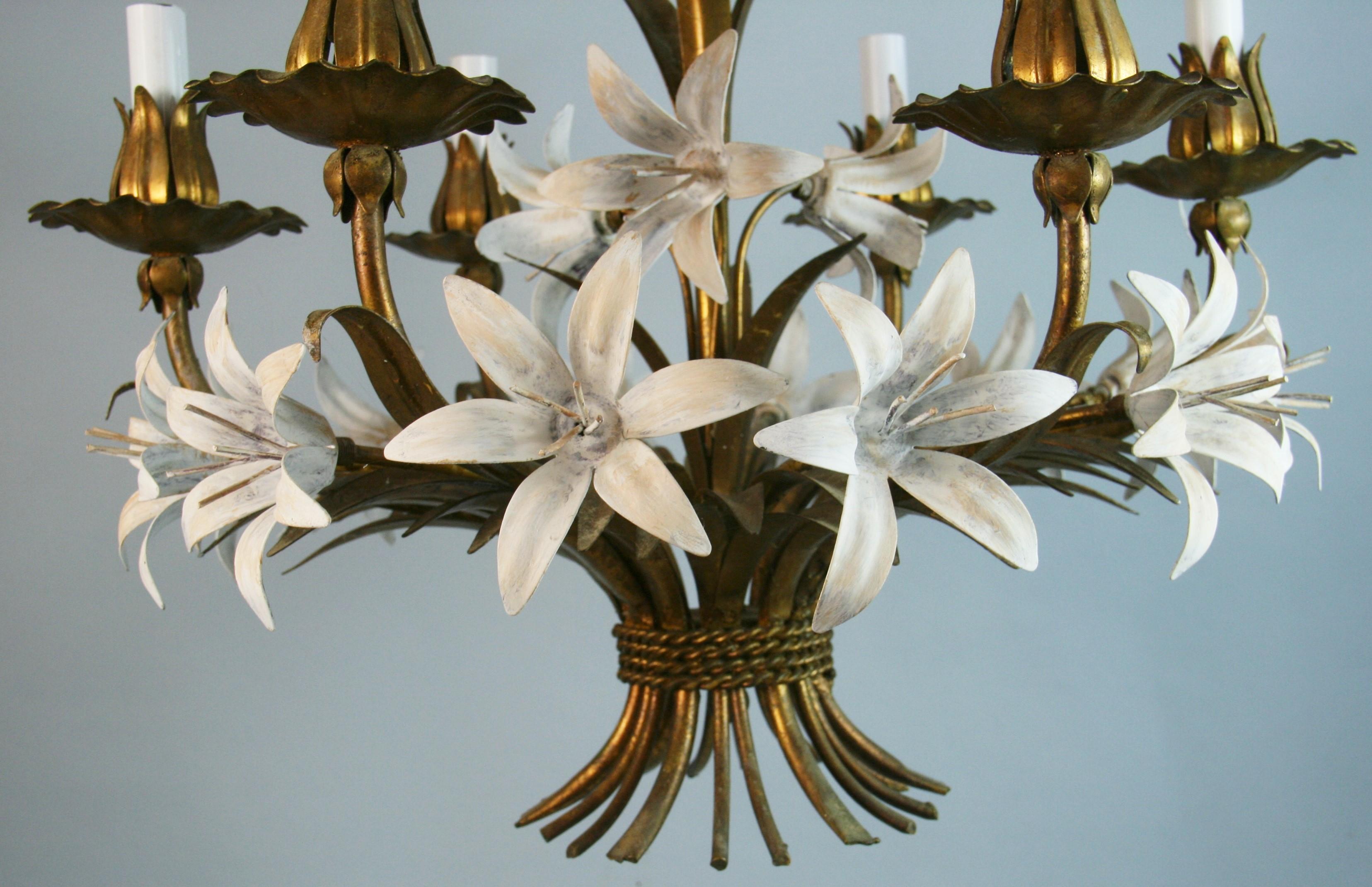 Mid Century Gilt Tole Italian Flower Six-Light Chandelier For Sale 9