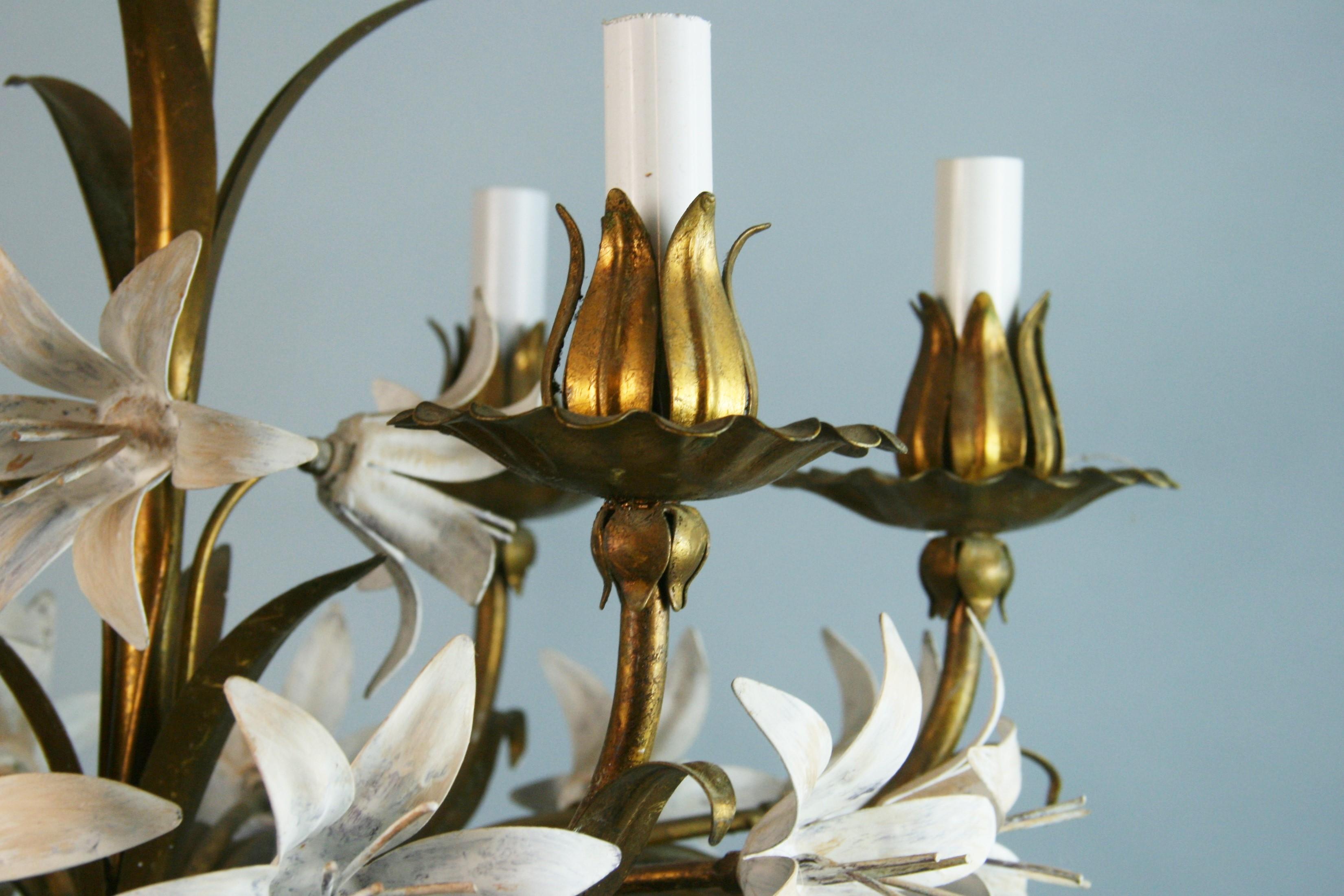 Mid-20th Century Mid Century Gilt Tole Italian Flower Six-Light Chandelier For Sale
