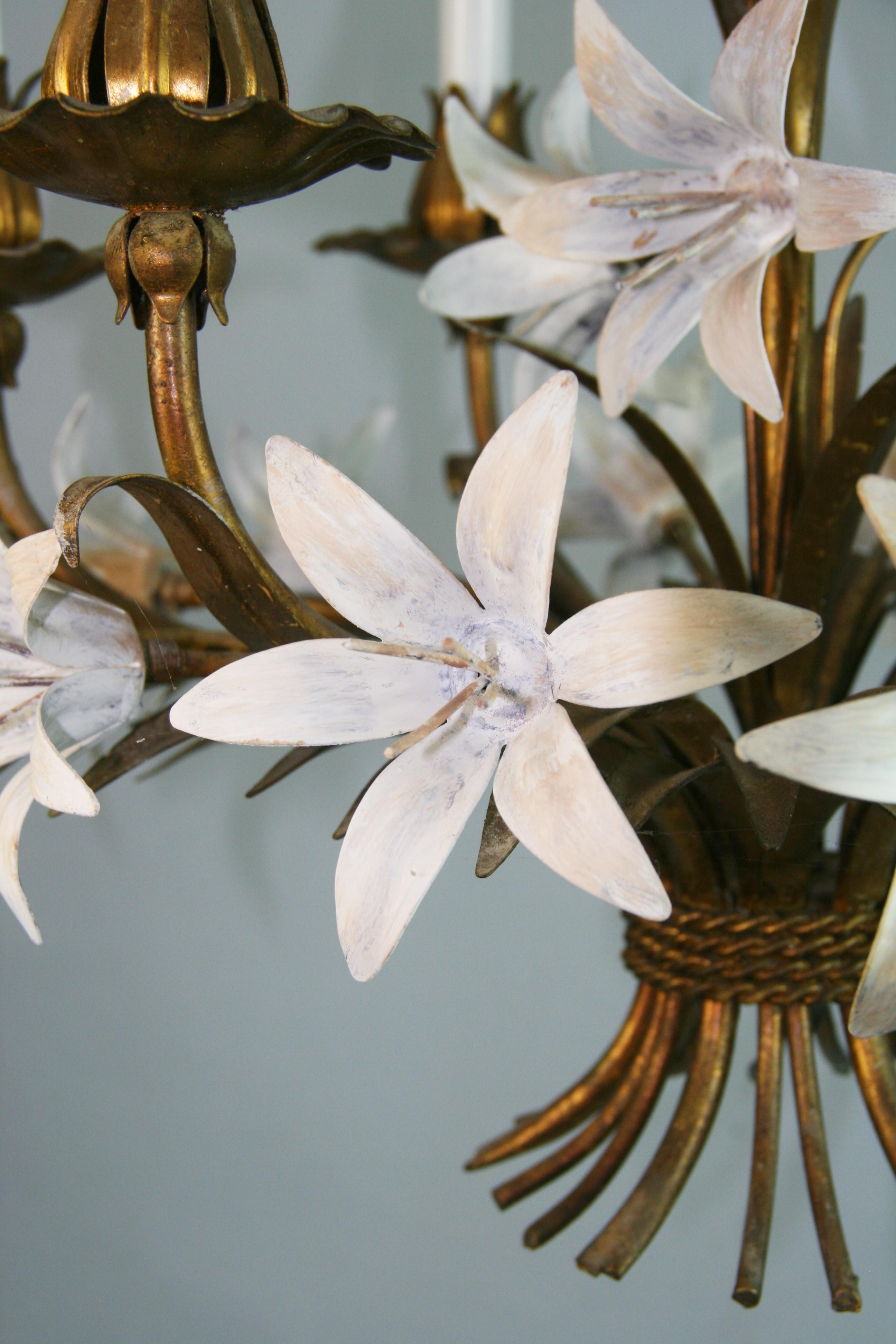 Mid Century Gilt Tole Italian Flower Six-Light Chandelier For Sale 3